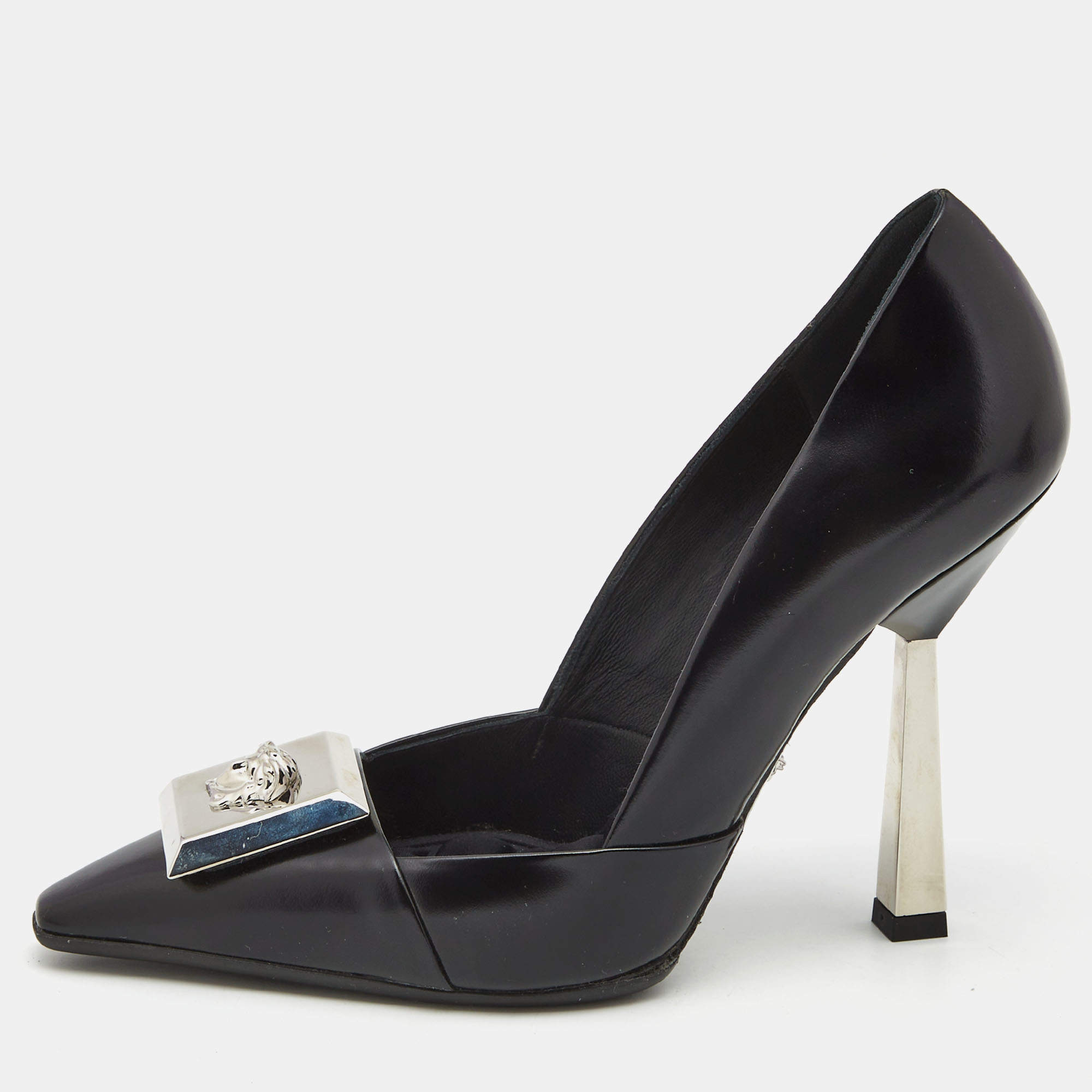 Pre Owned Versace Black Leather Medussa Metal Heel Pumps Size 37