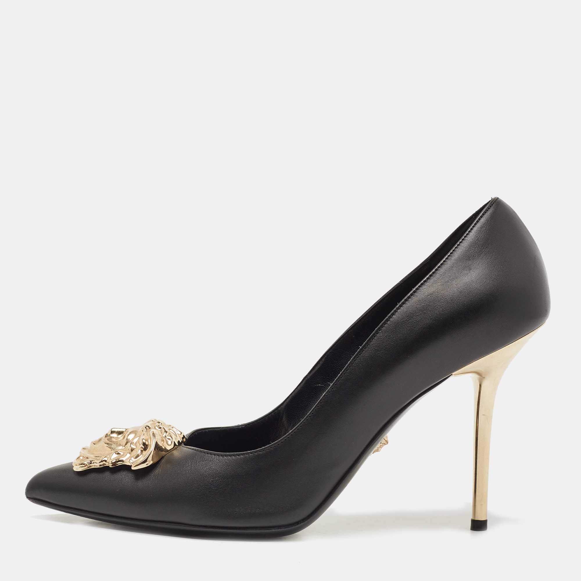 Pre Owned Versace Black Leather Medusa Pointed Toe Pumps Size 39