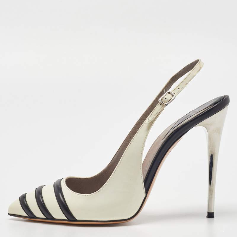 Pre Owned Versace Off White/Black Patent and Leather Slingback Pumps Size 39