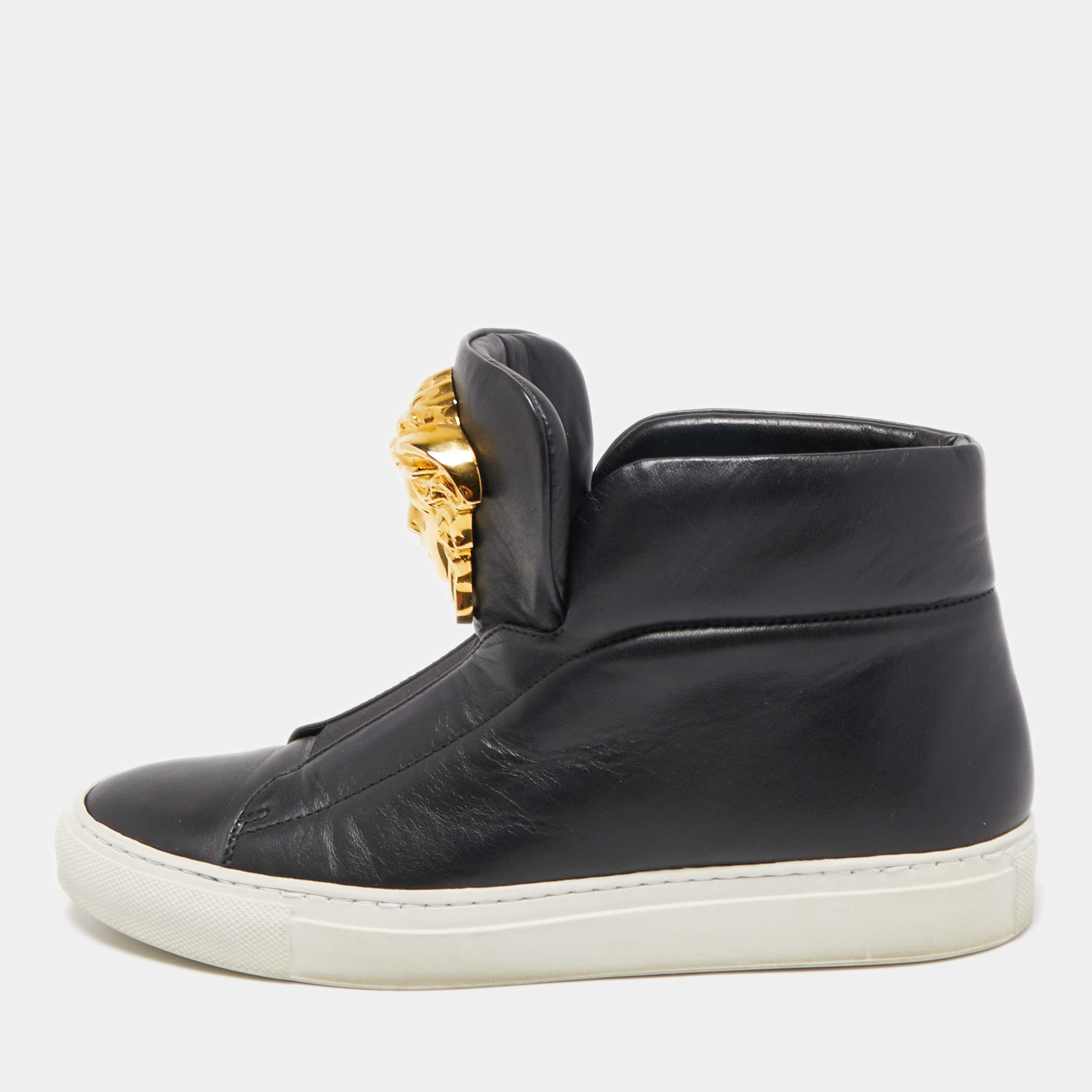 Pre Owned Versace Black Leather Palazzo High Top Sneakers Size 38