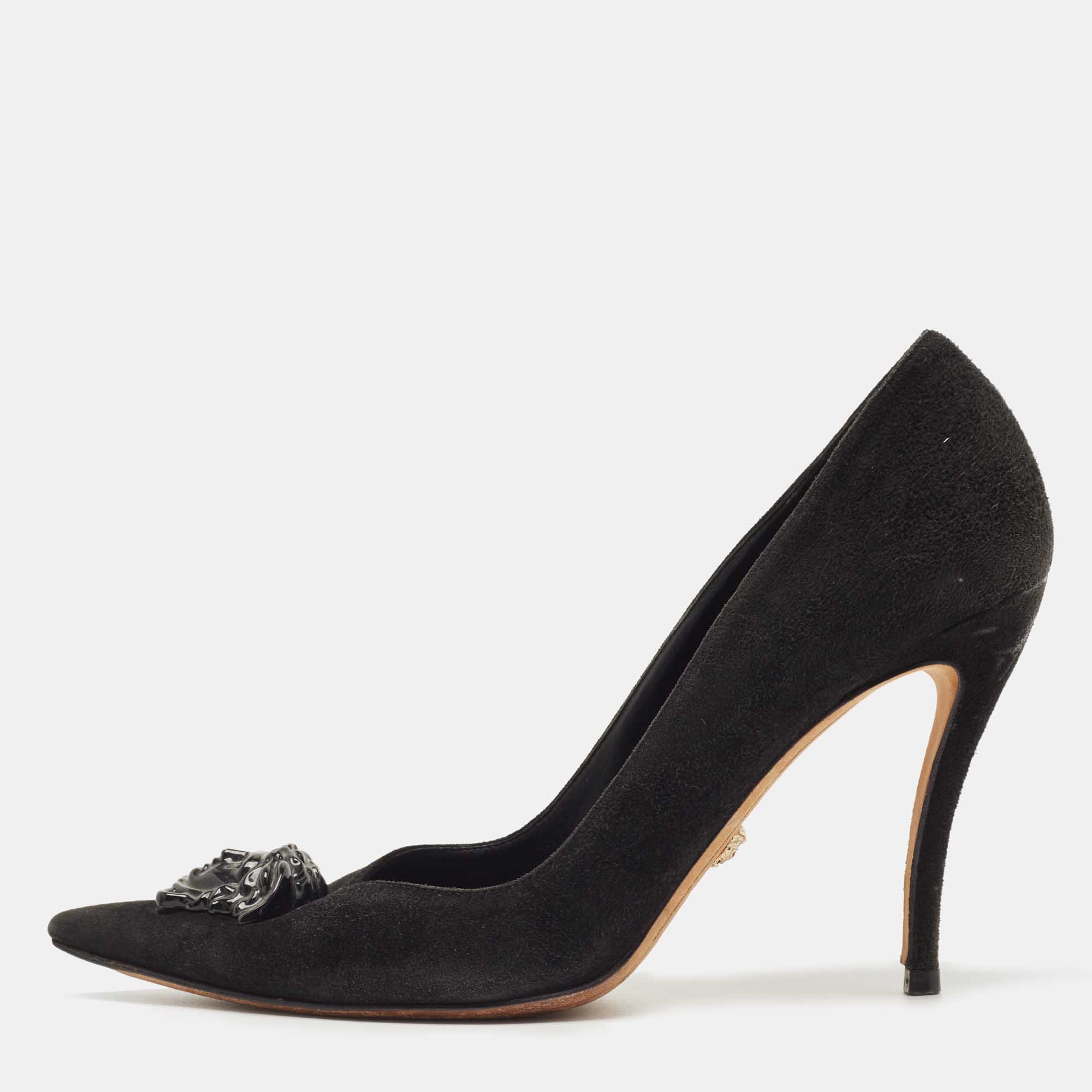 Versace Black Suede Medusa Pointed Toe Pumps Size 39.5