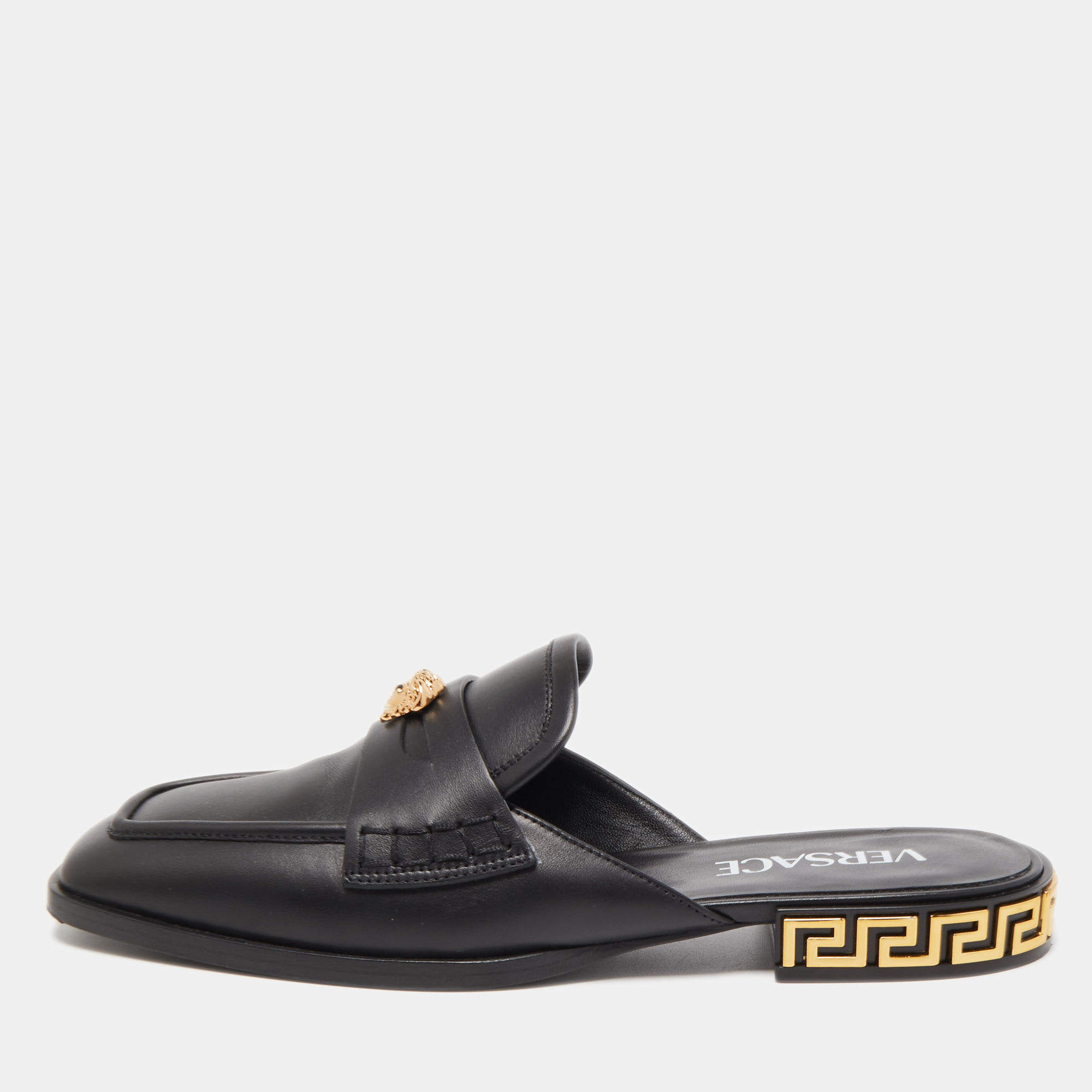 Pre Owned Versace Black Leather Medusa Squared-Toe Loafer Mules Size 35