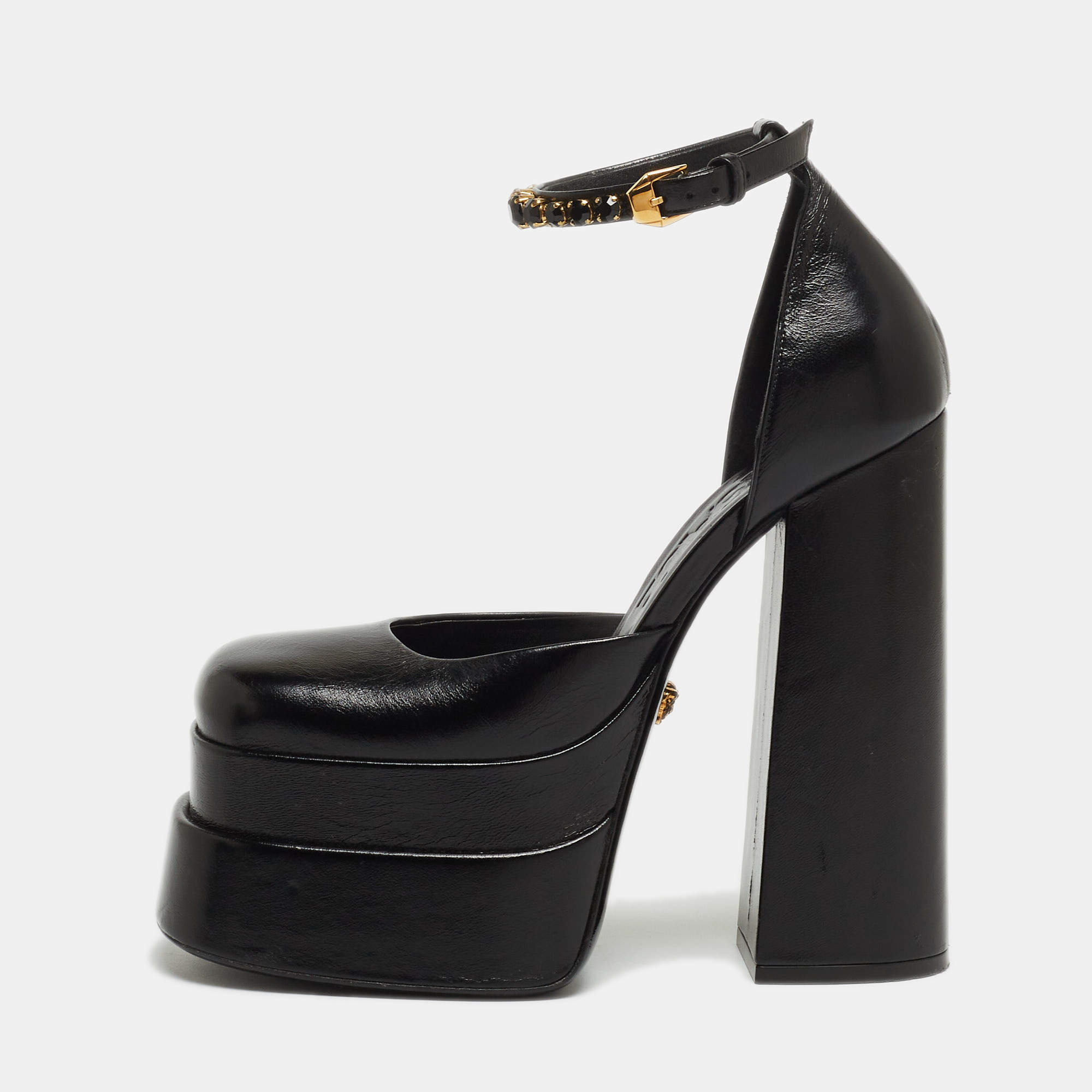Pre Owned Versace Black Leather Medusa Aevitas Platform Pumps Size 37