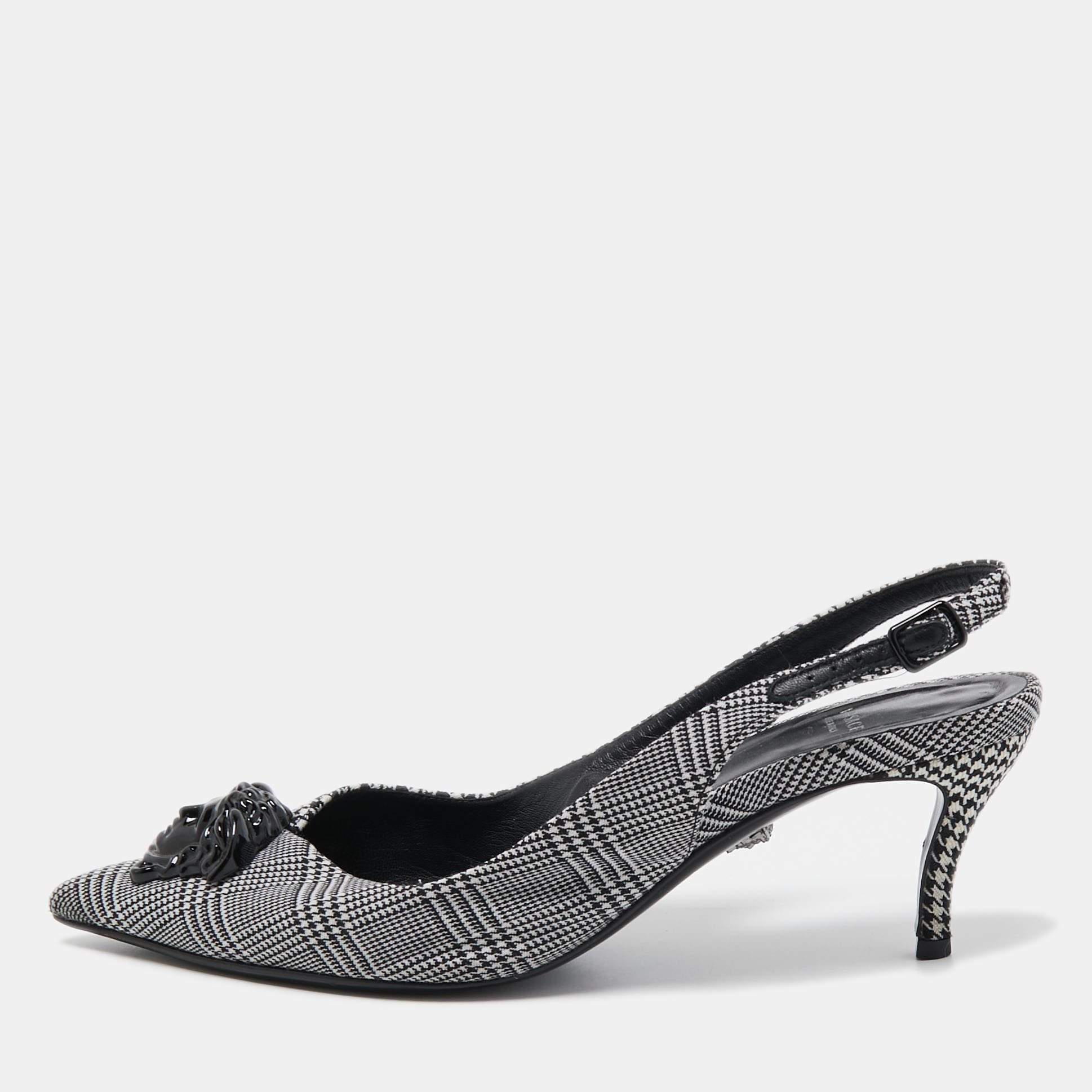 Pre Owned Versace Black/White Houndstooth Fabric Palazzo Medusa Slingback Pumps Size 37