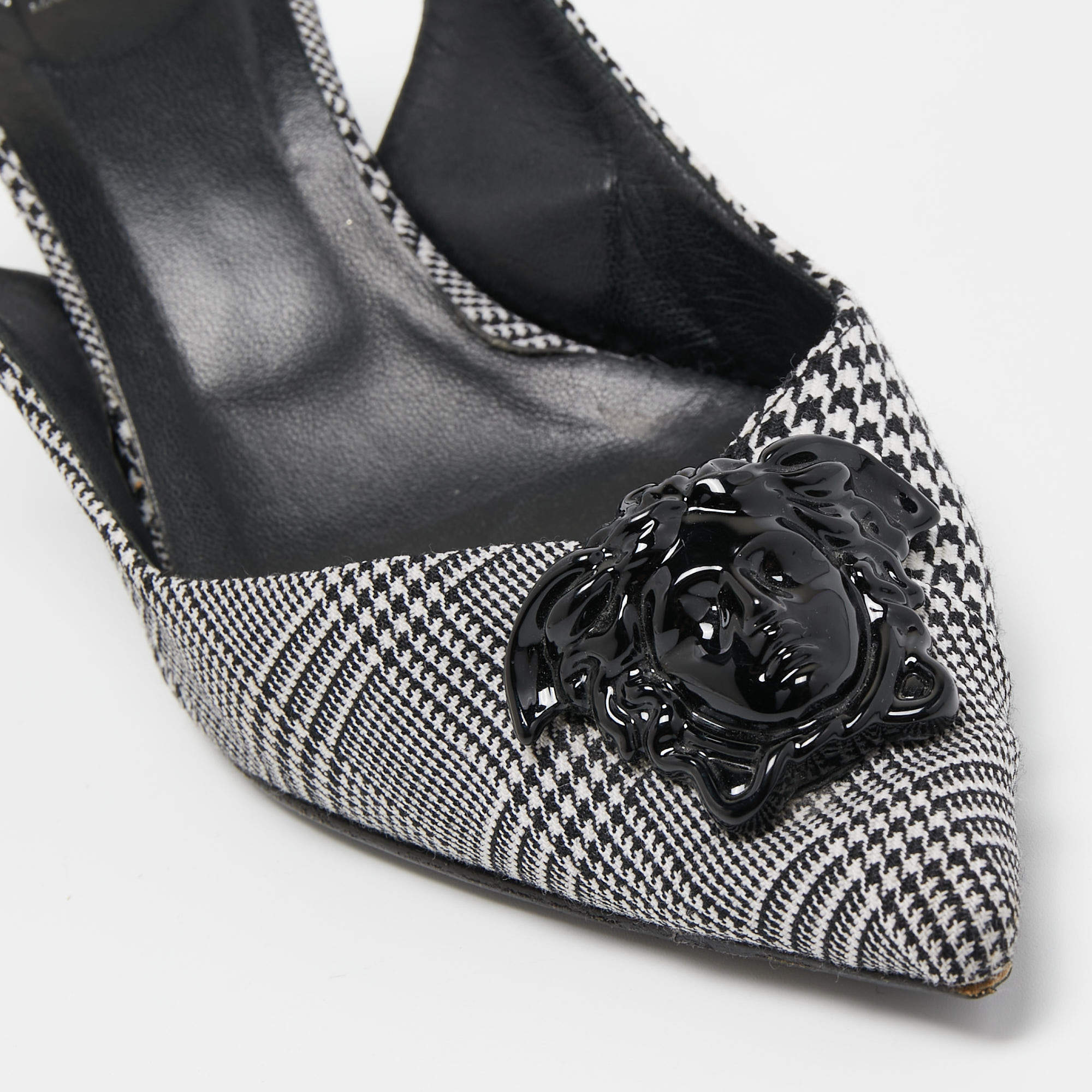 Pre Owned Versace Black/White Houndstooth Fabric Palazzo Medusa Slingback Pumps Size 37