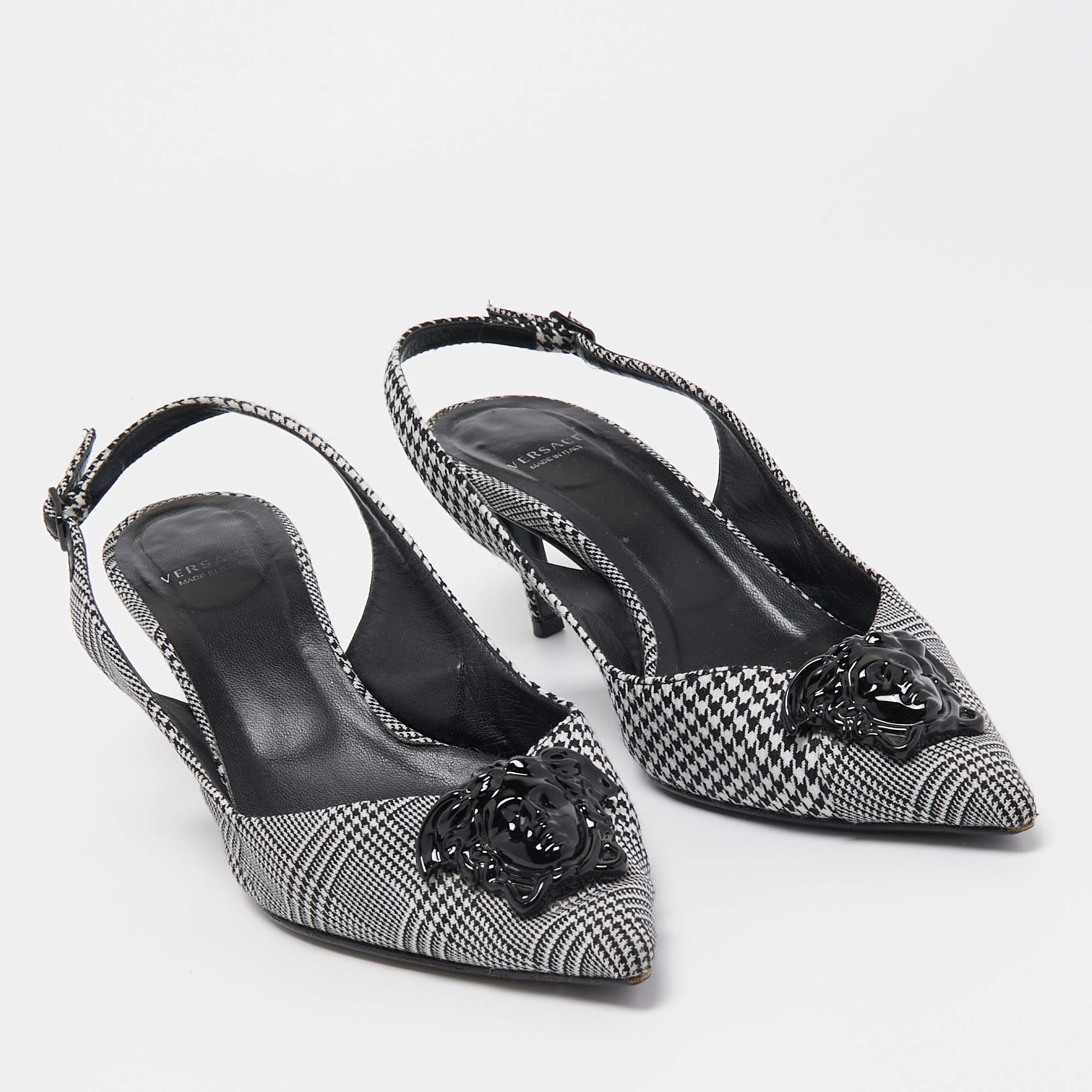 Pre Owned Versace Black/White Houndstooth Fabric Palazzo Medusa Slingback Pumps Size 37