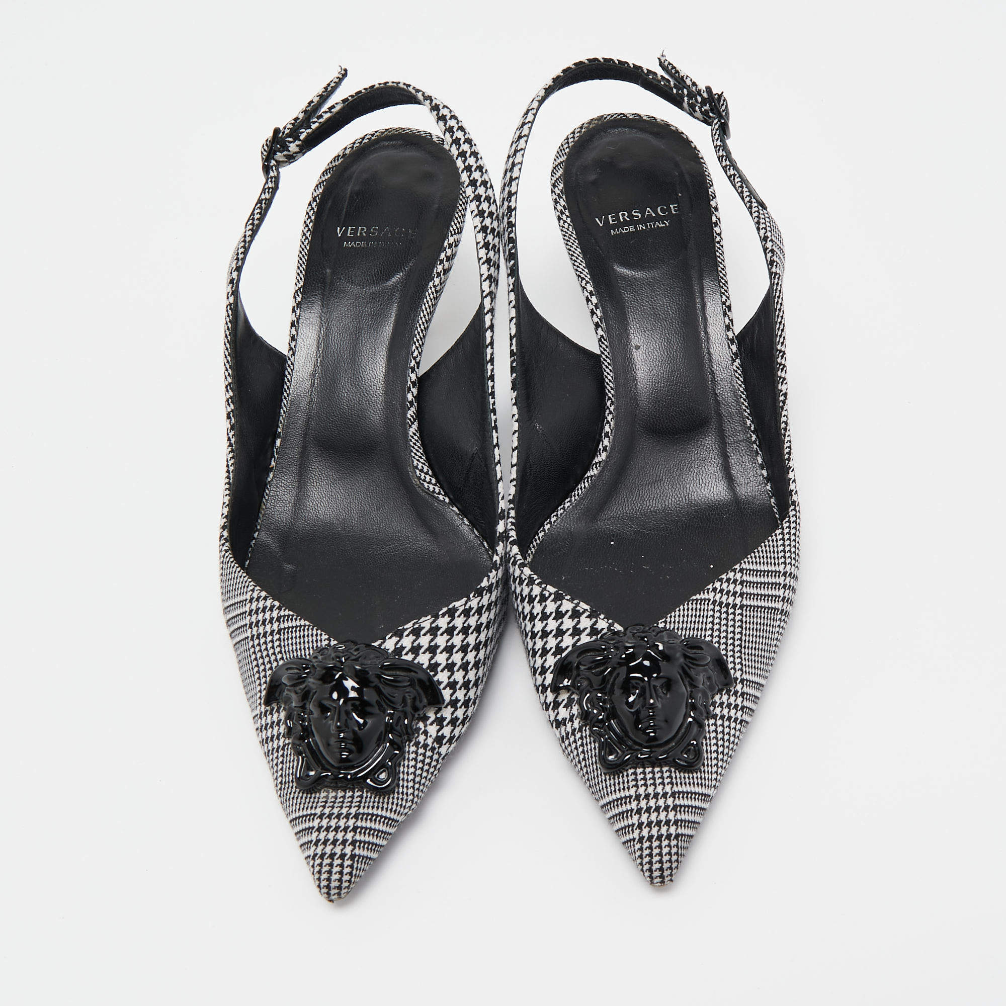 Pre Owned Versace Black/White Houndstooth Fabric Palazzo Medusa Slingback Pumps Size 37