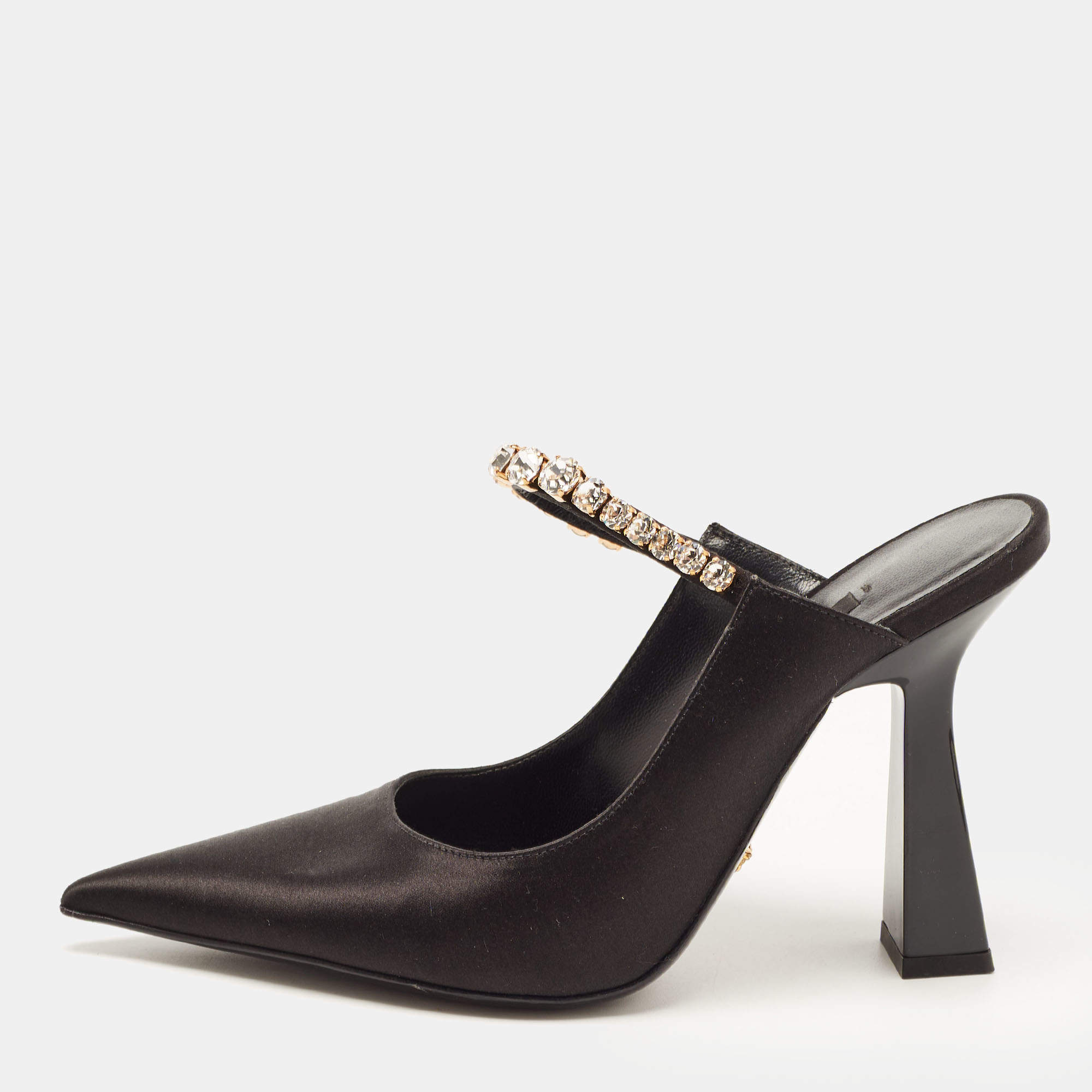 مملوكة مسبقًا Versace Black Satin Crystal Embellished Pointed Toe Mules Size 36 
