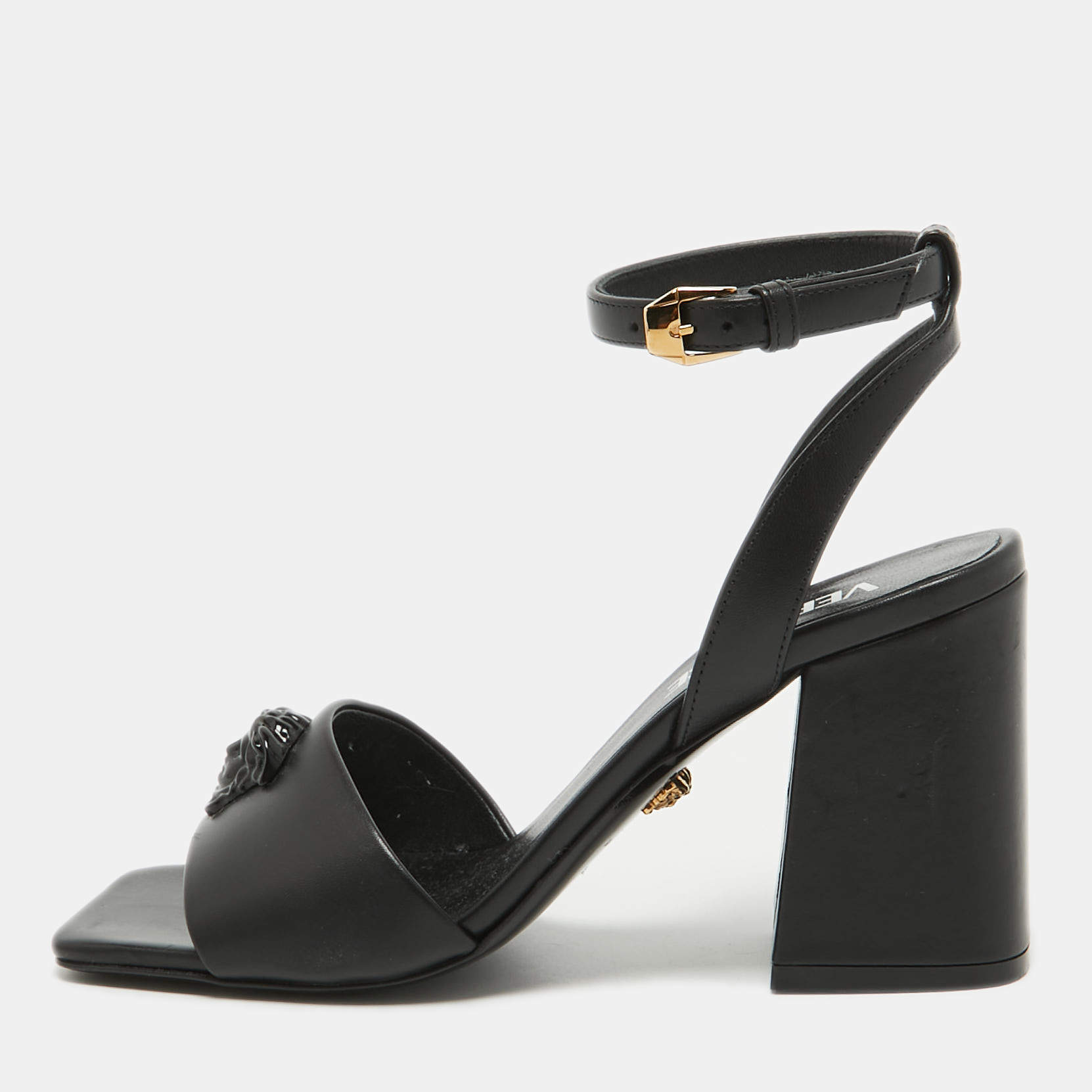 Pre Owned Versace Black Leather Medusa Ankle Strap Sandals Size 36