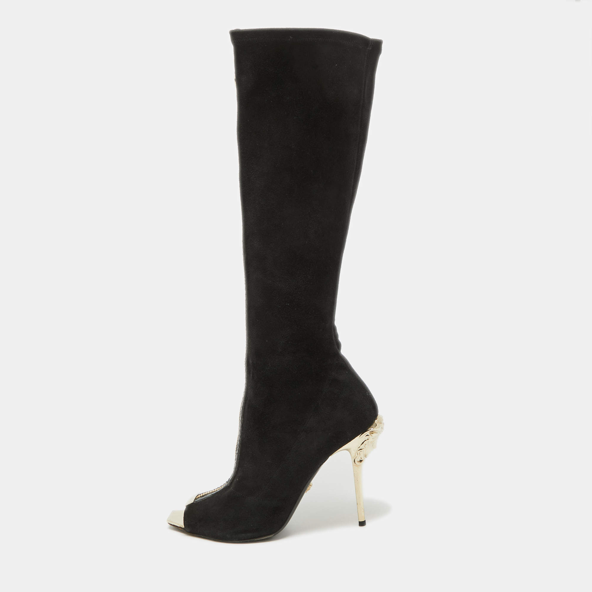Pre Owned Versace Black Suede Open Toe Knee Length Boots Size 41
