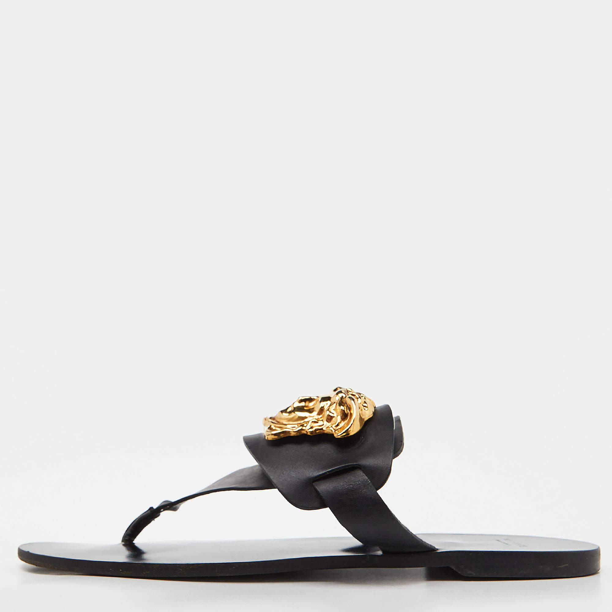 Versace Black Leather Medusa Detail Thong Flats Slides Size 39