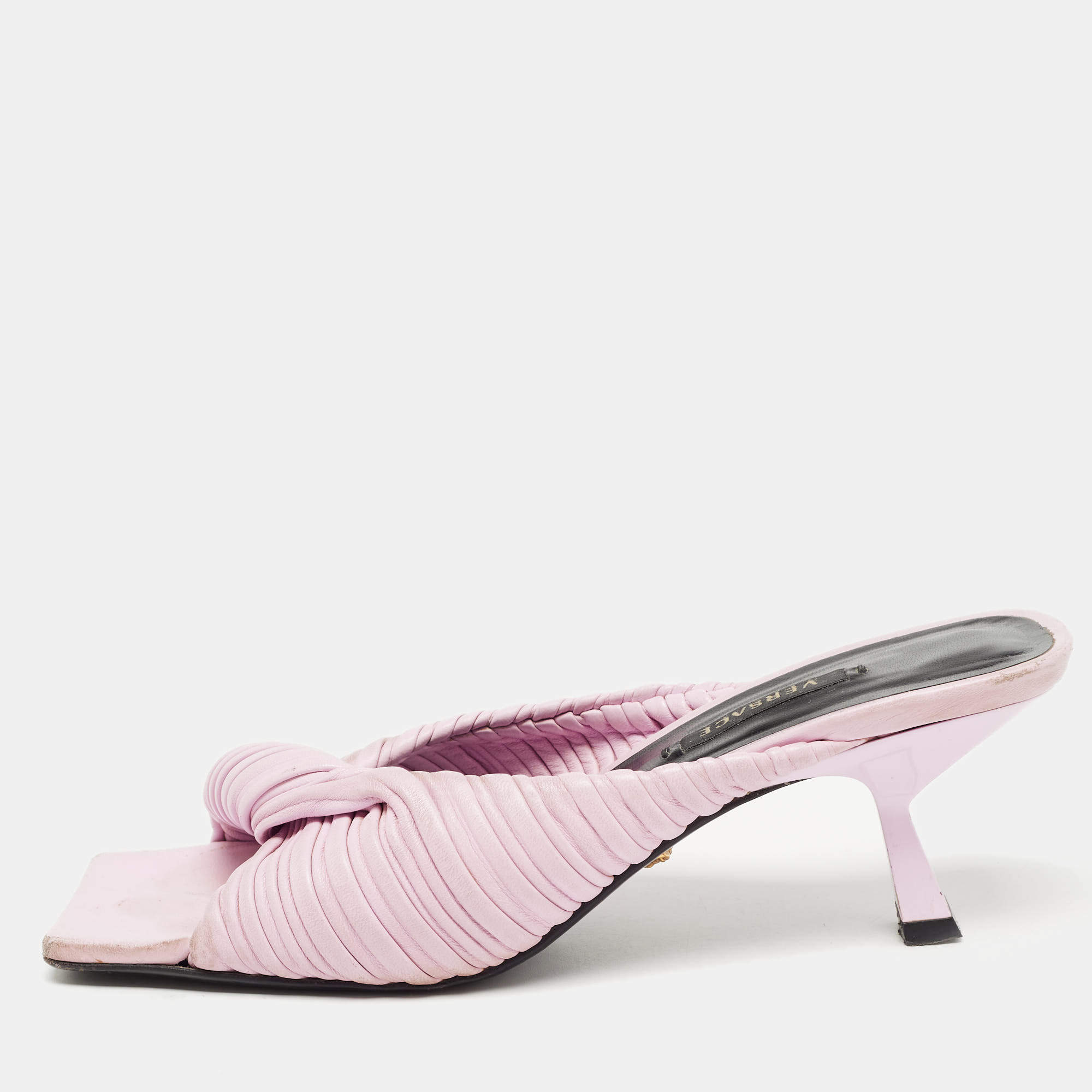 Pre Owned Versace Pink Pleated Leather Plisse Slide Sandals Size 37