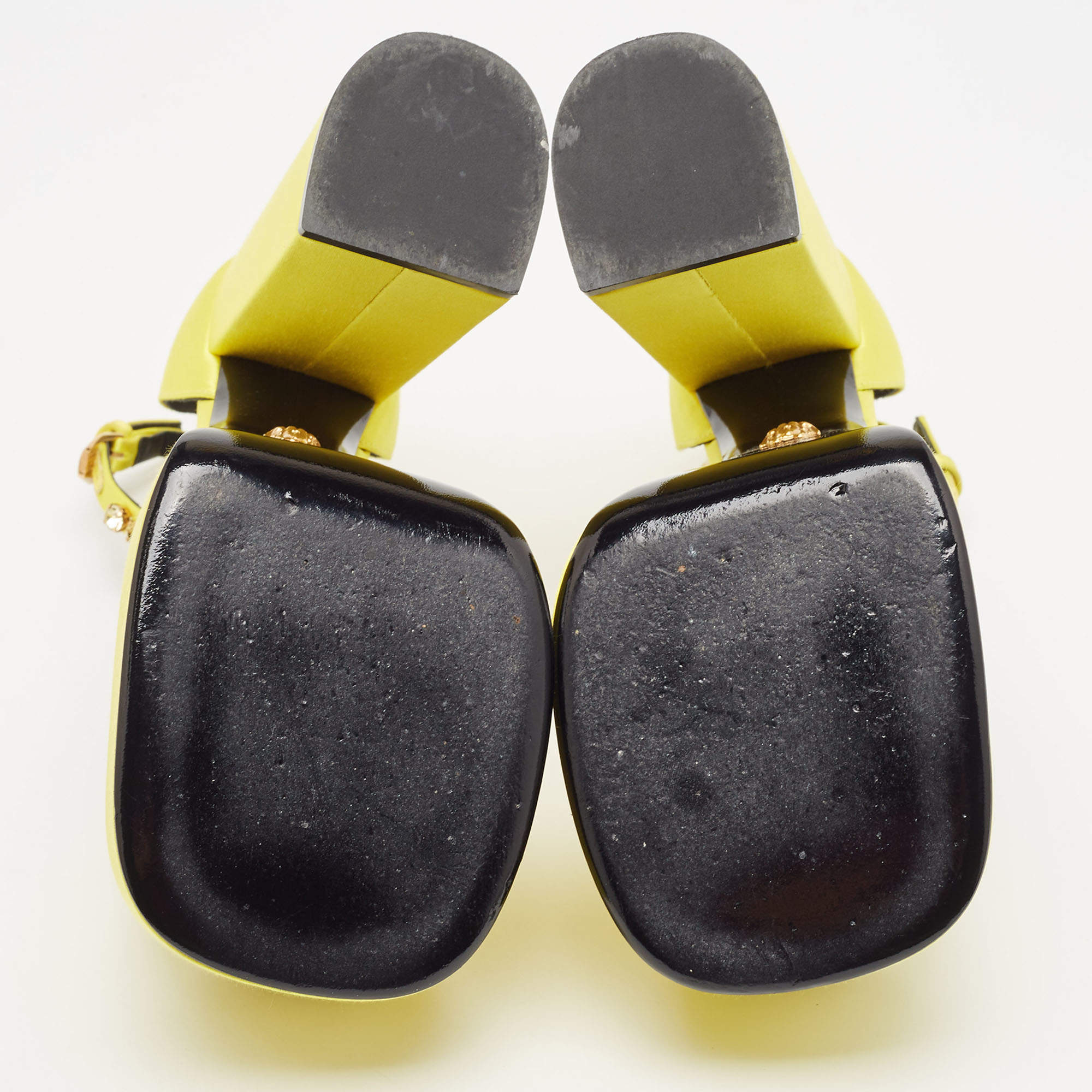 Pre Owned Versace Yellow Satin Medusa Aevitas Platform Ankle Strap Pumps Size 37