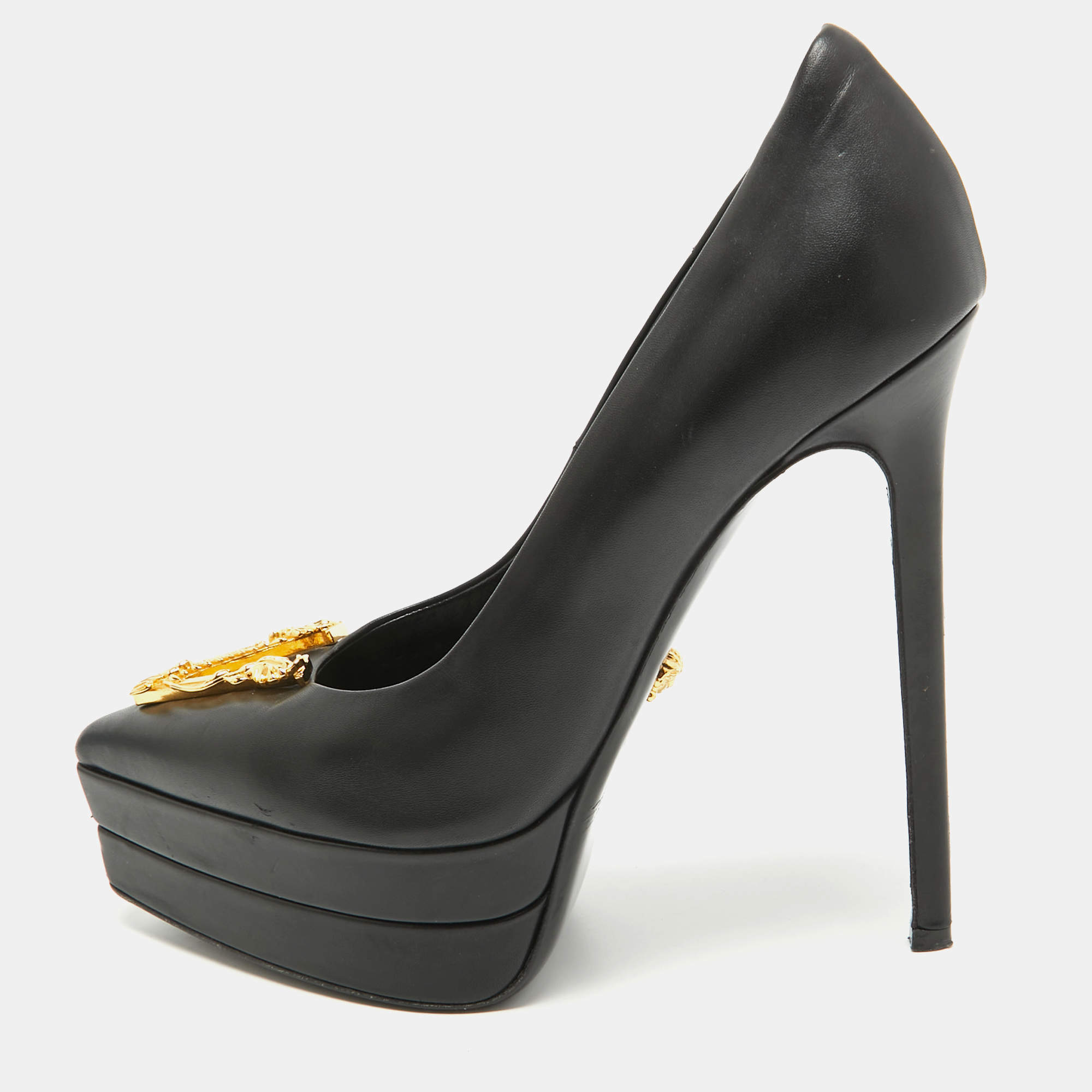 Versace Black Leather Virtus Platform Pumps Size 38.5