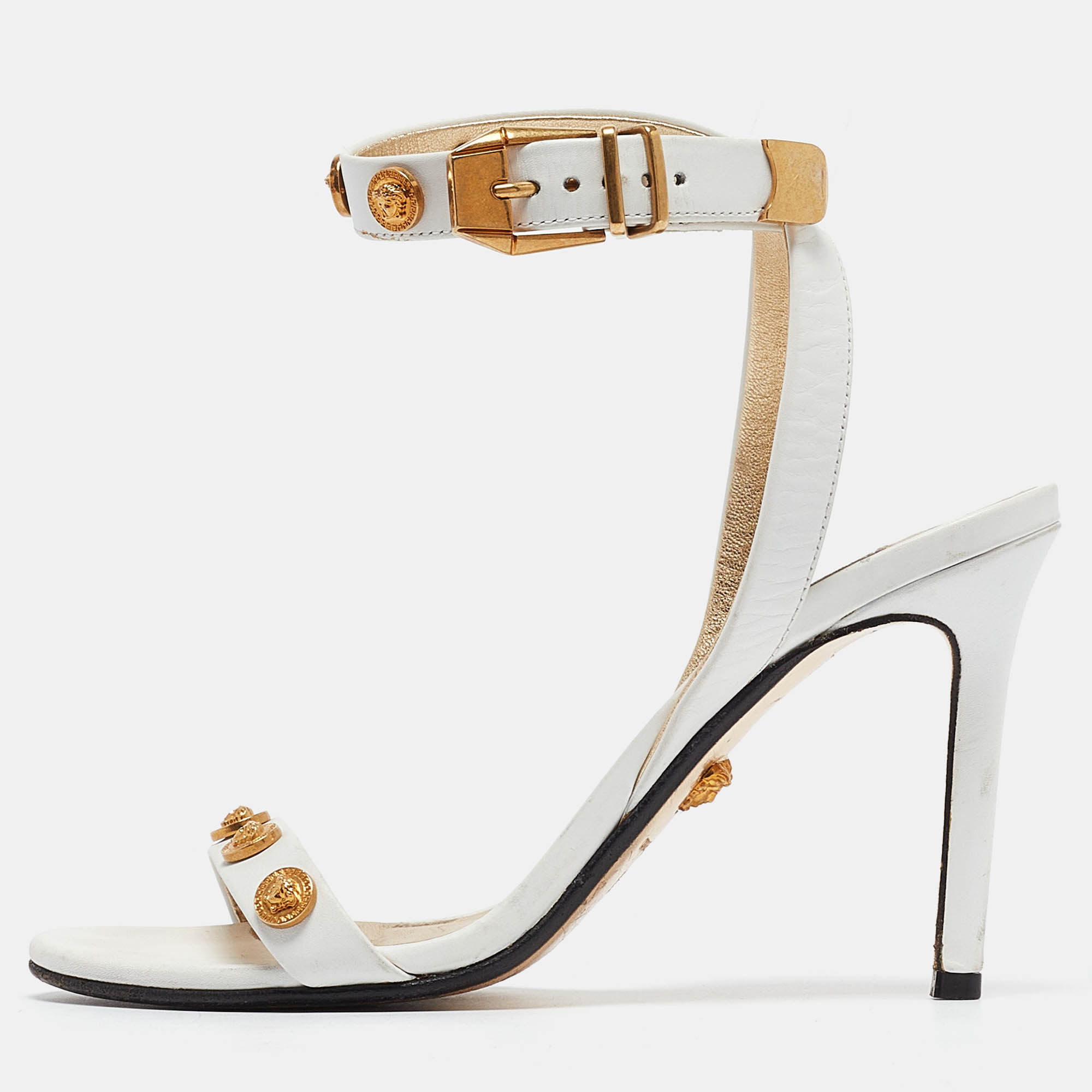 Versace White Leather Medusa Studded Ankle Strap Sandals Size 35