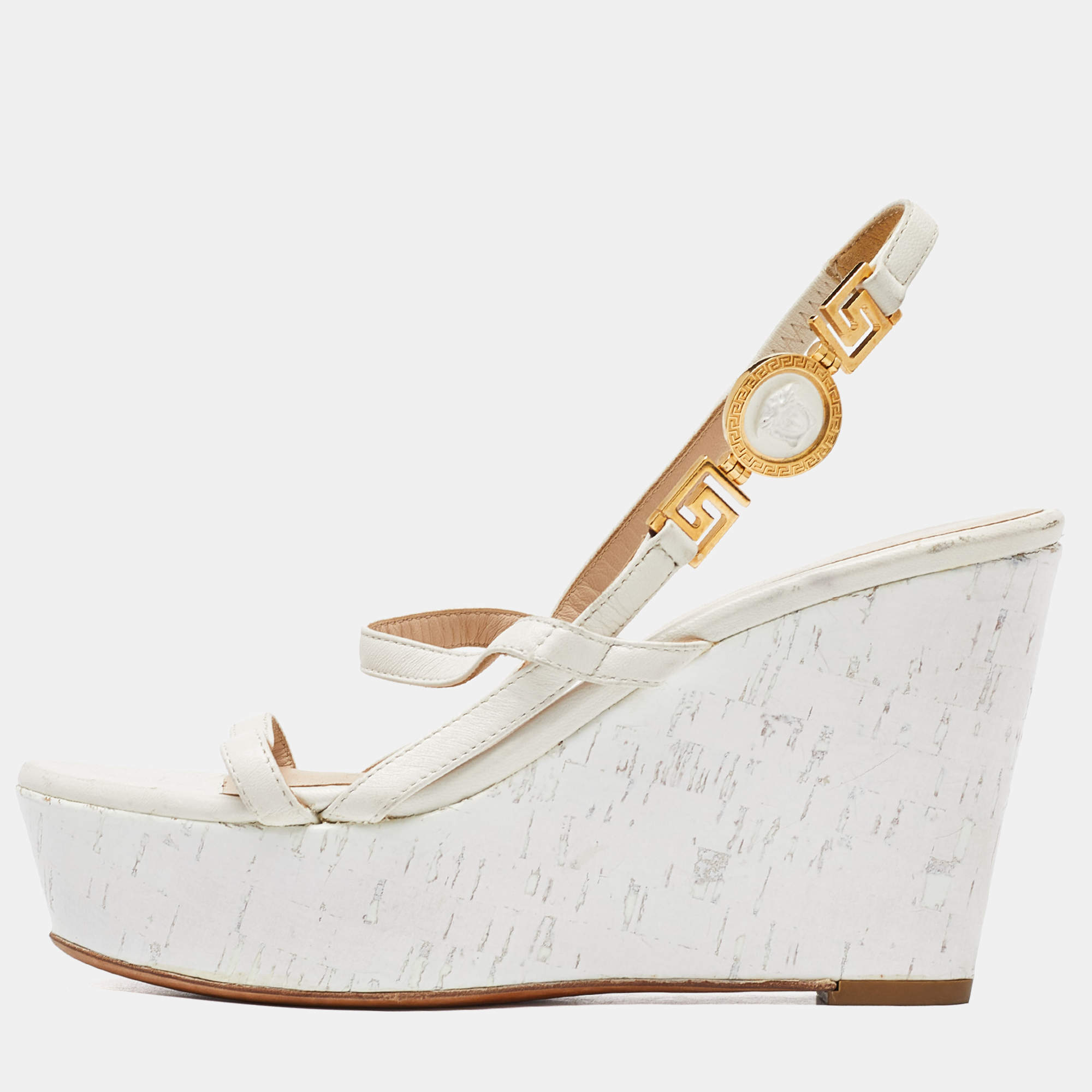 Versace White Leather Wedge Sandals Size 36