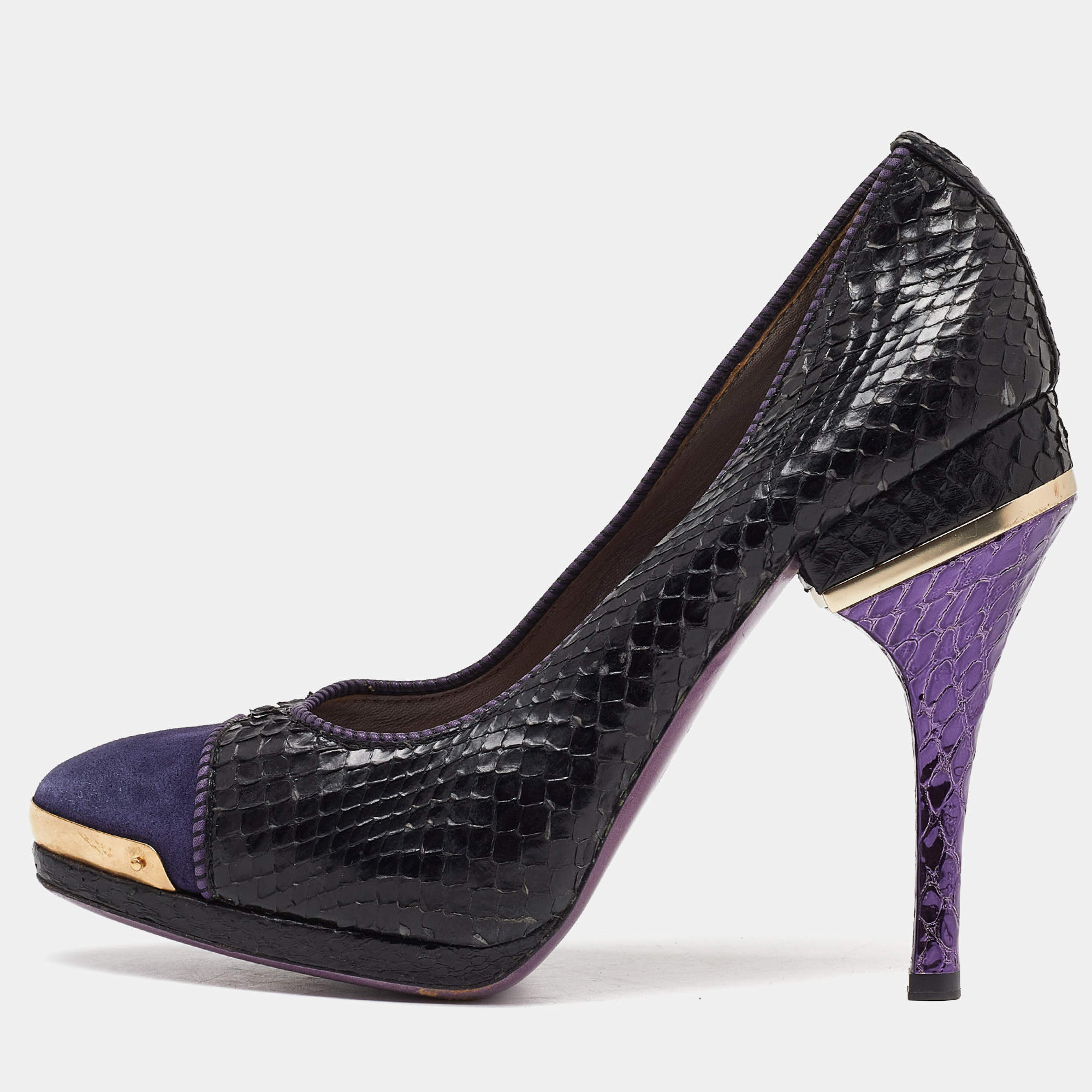 Pre Owned Versace Black/Purple Python and Suede Pumps Size 38