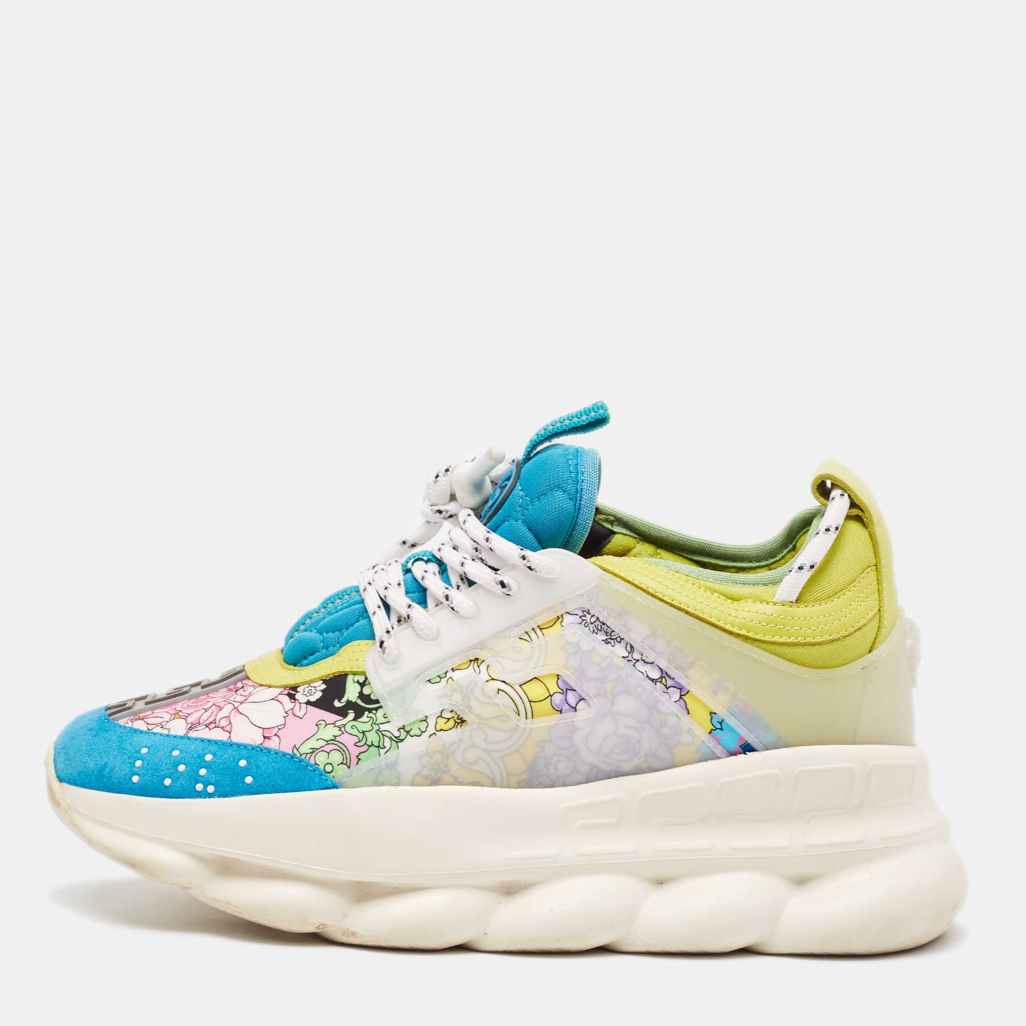 Versace Multicolor Suede and PVC Chain Reaction  Lace Up Sneakers Size 39.5