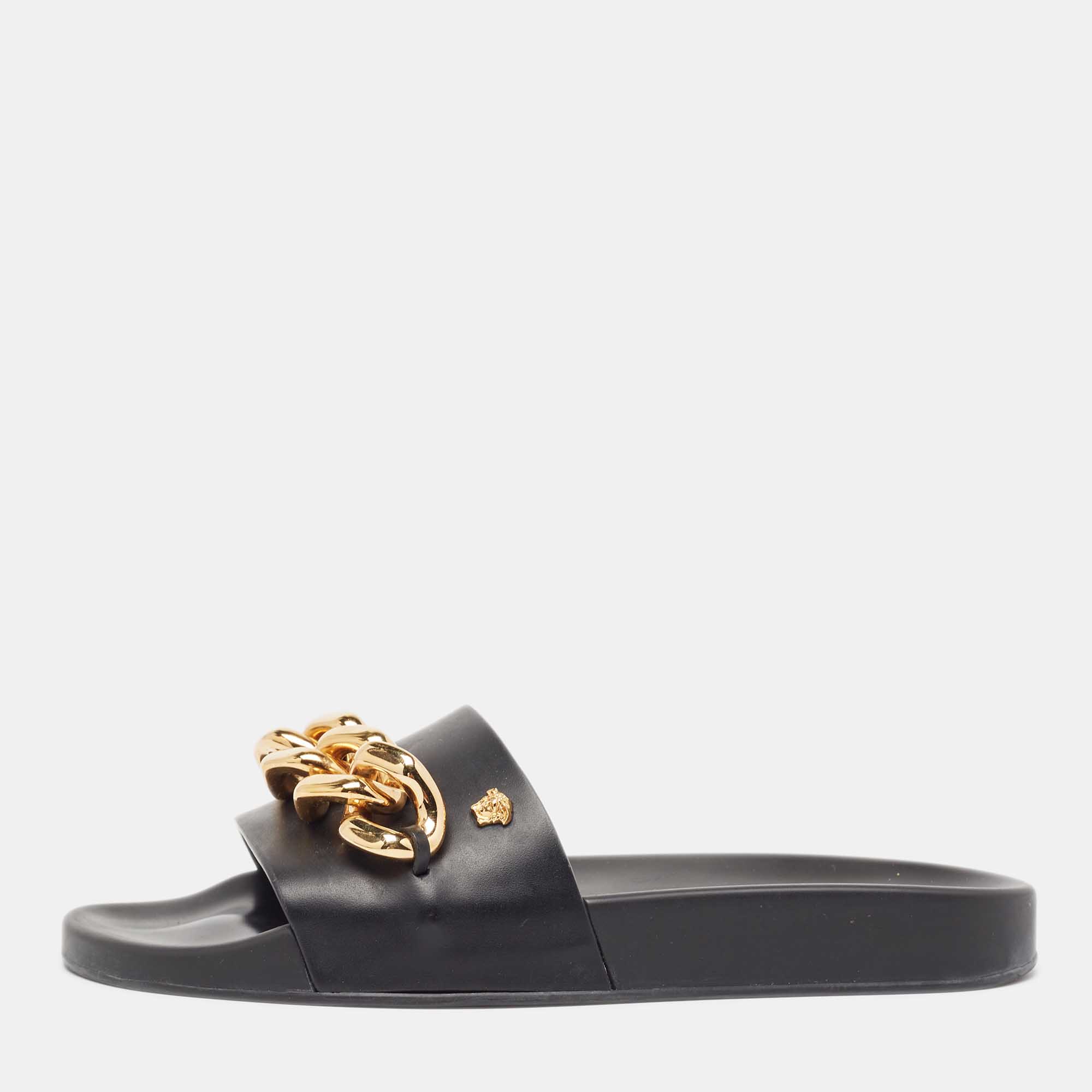 Versace Black Leather Medusa Chain Pool Slides Size 37