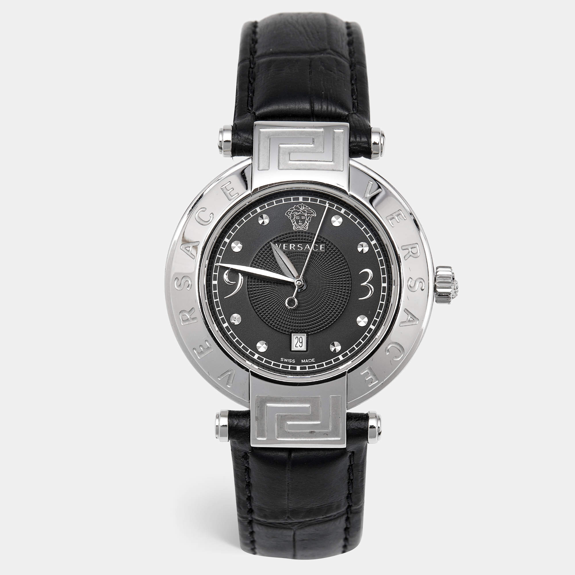 Versace Black Stainless Steel Embossed Leather Reve 68Q Women's Wristwatch 35 mm