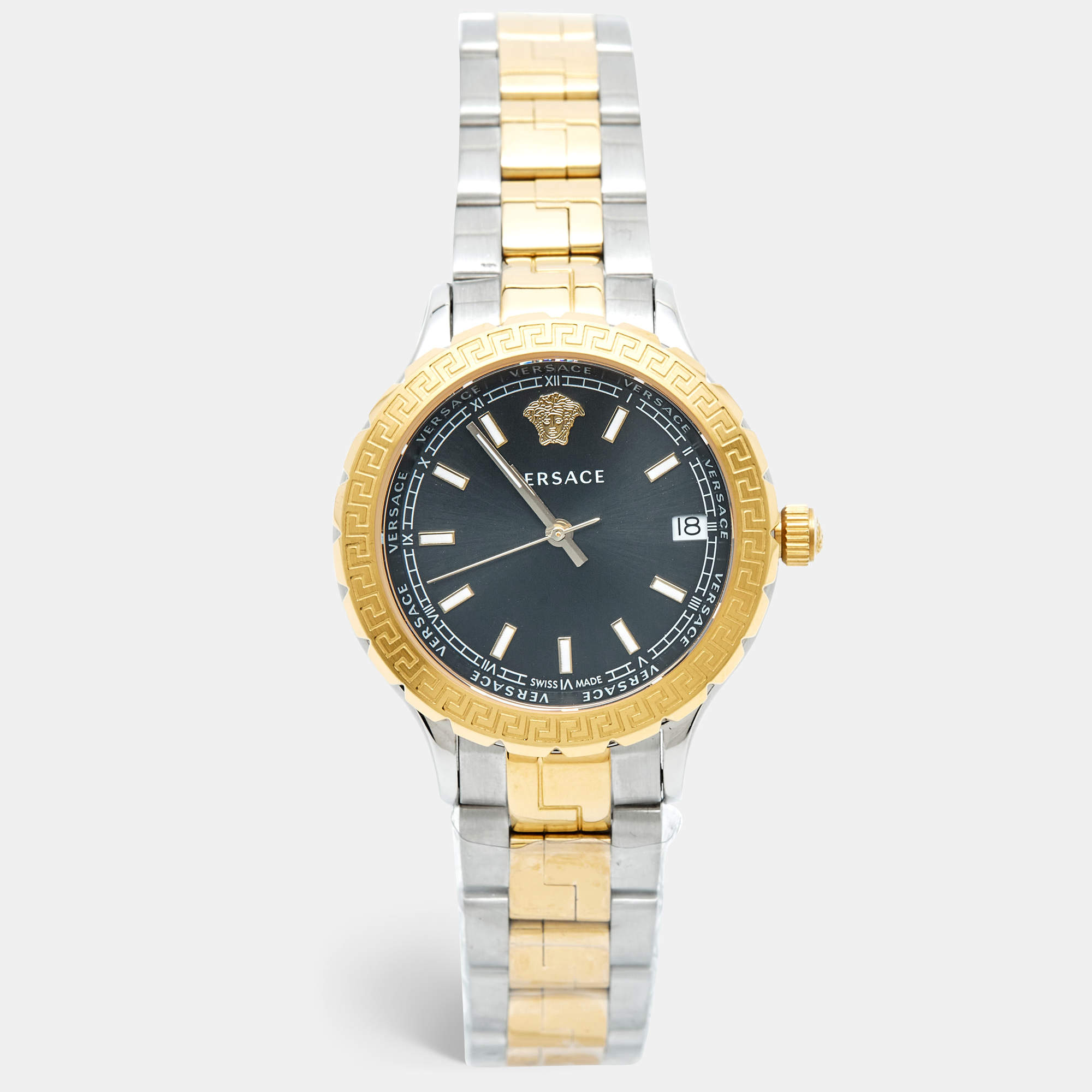 Pre Owned Versace Black Dial Two-Tone Stainless Steel Hellenyium V12 Women's Wristwatch 35 mm