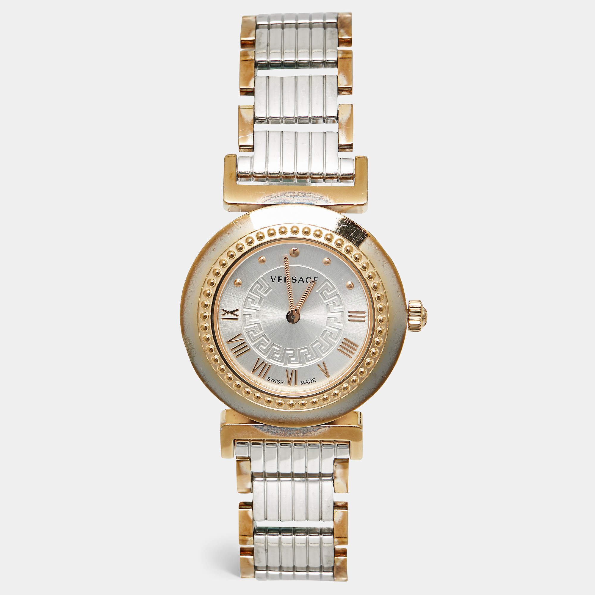 Pre Owned Versace Silver Two Tone Stainless Steel Vanity P5Q Women's Wristwatch 35 mm