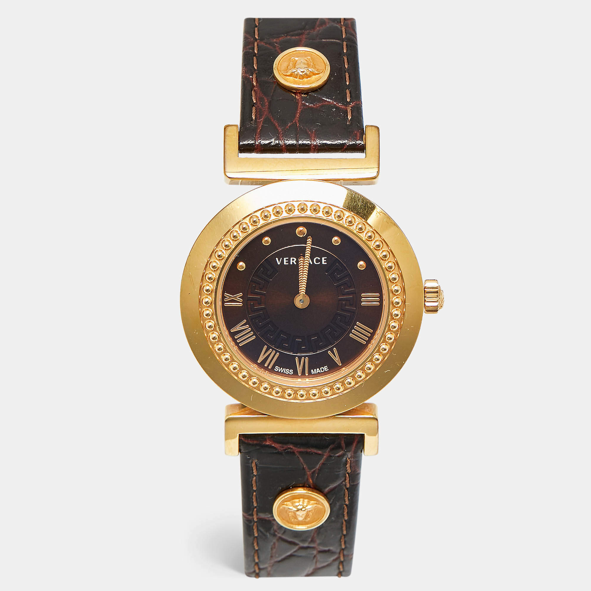 Pre Owned Versace Brown Gold Plated Stainless Steel Leather Vanity P5Q Women's Wristwatch 35 mm