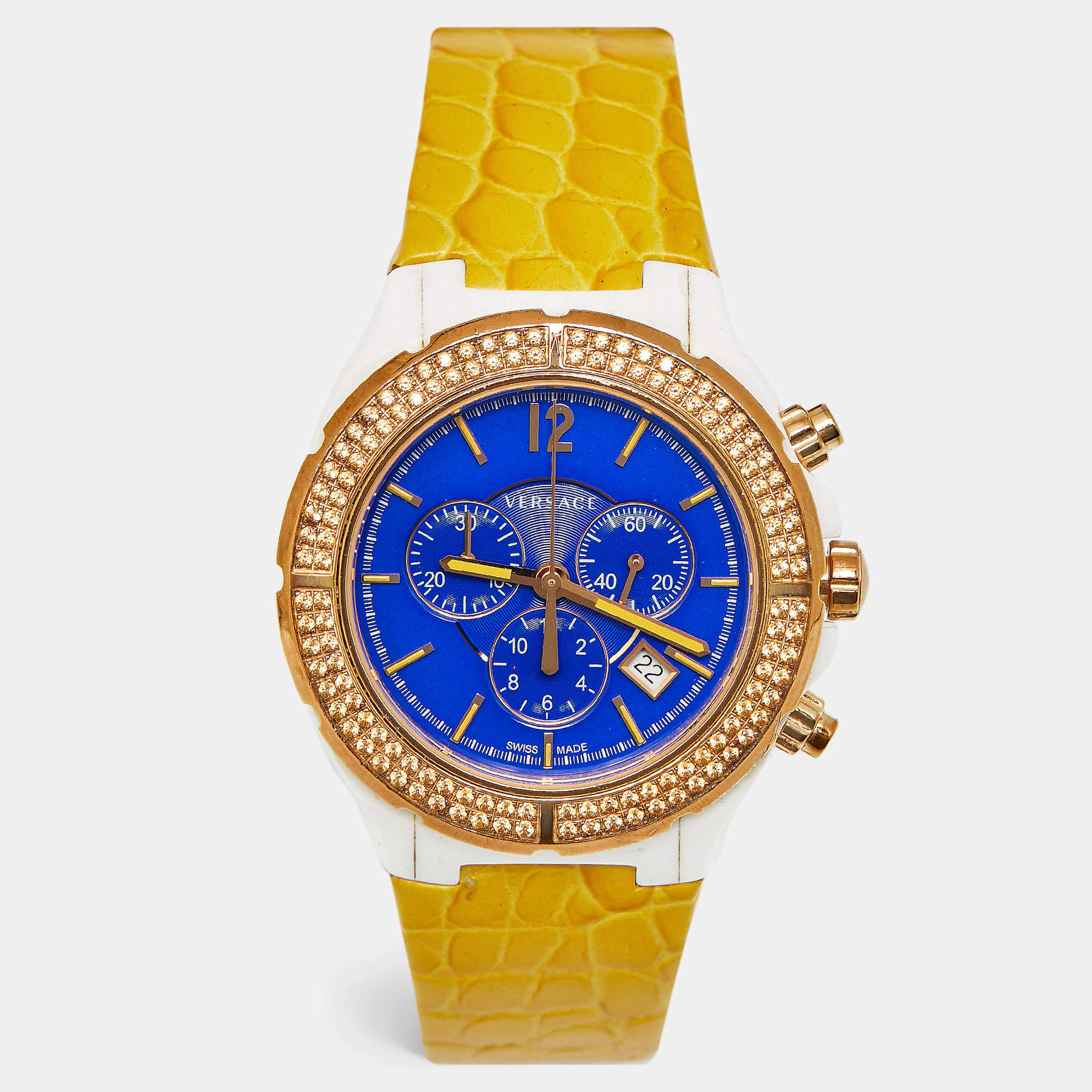 Pre Owned Versace DV One 28C Blue Dial Ceramic Rose Gold Plated Stainless Steel Leather Unisex Wristwatch 42 mm