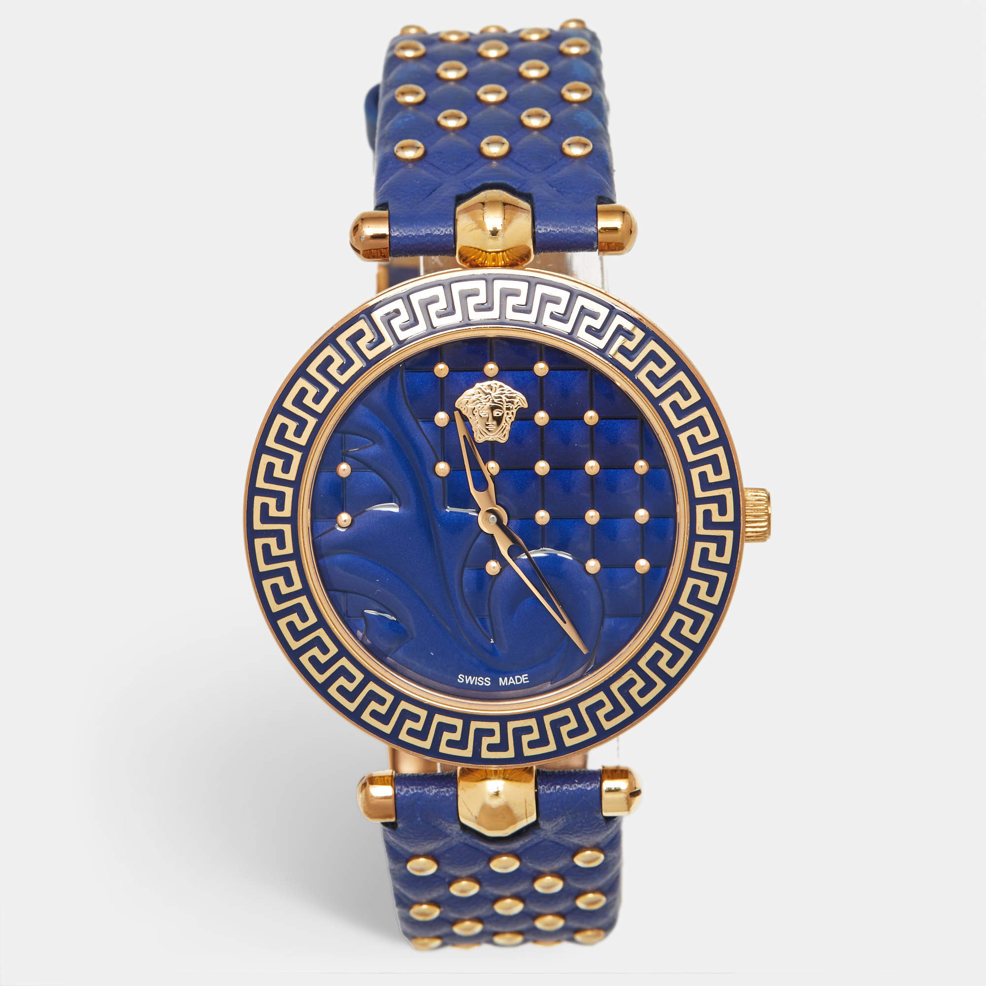Pre Owned Versace Vanitas VK7040013 Blue Dial Rose Gold PVD Coated Stainless Steel Leather Women's Wristwatch 40 mm