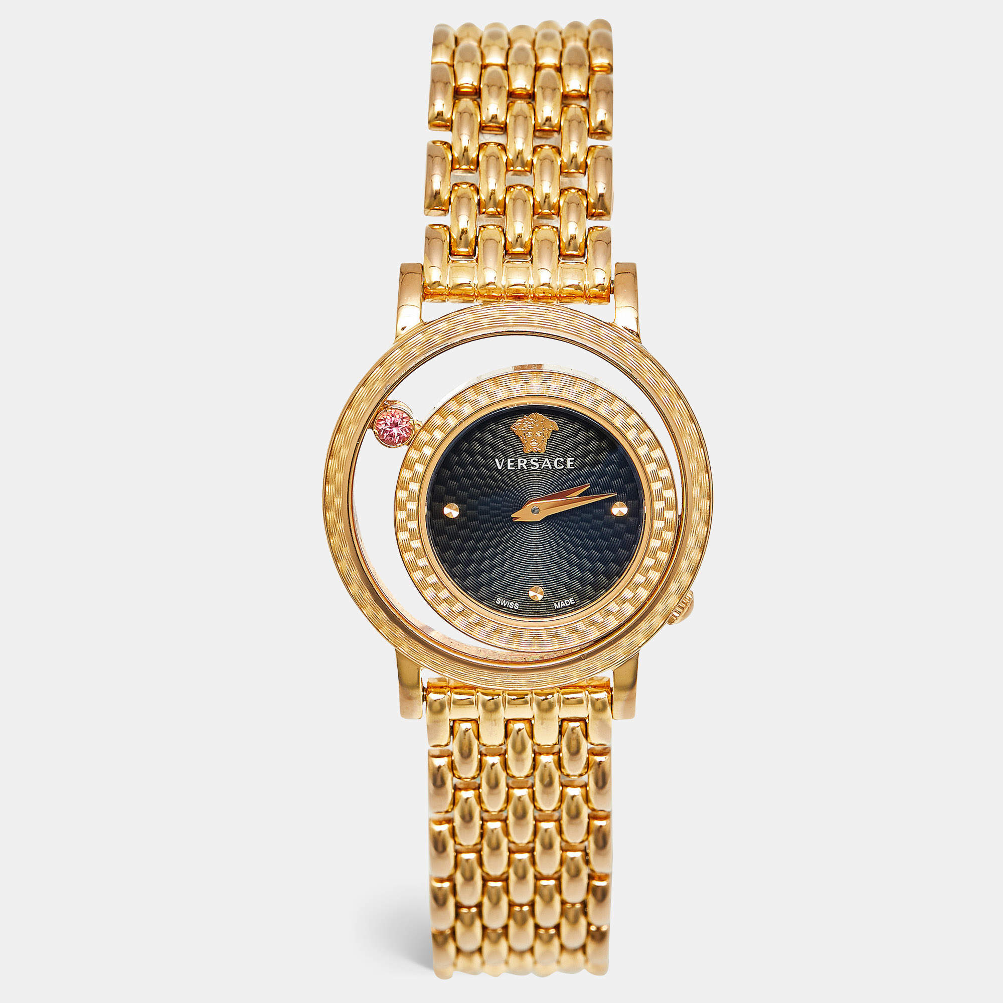 Pre Owned Versace Venus VDA040014 Black Dial Gold Plated Stainless Steel Women's Wristwatch 33 mm