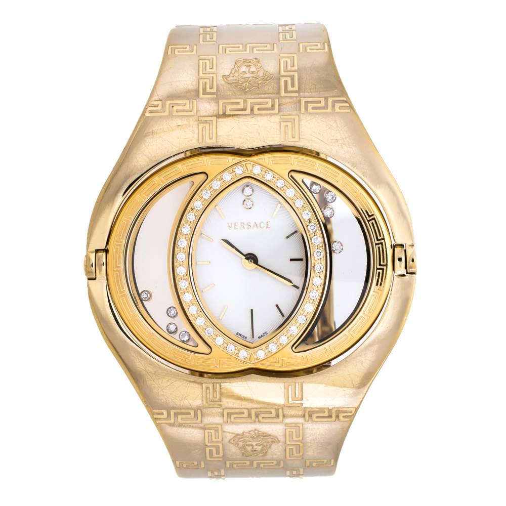 Versace White Opaline Yellow Gold Plated Stainless Steel Diamonds Eclissi 83Q Women's Wristwatch 39 mm