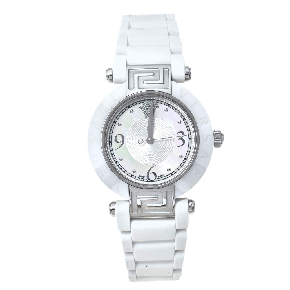 Versace White Mother Of Pearl White Ceramic Stainless Steel Rubber Reve 92Q Women's Wristwatch 35 mm