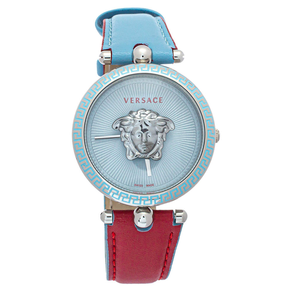 Versace Blue Stainless Steel & Leather Palazzo VCO 070017 Women's Wristwatch 37mm