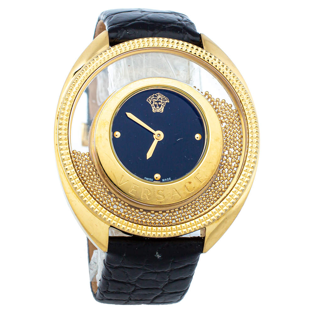 Pre Owned Versace Black Gold Plated Stainless Steel & Leather Destiny Spirit 86Q Women's Wristwatch 39 MM