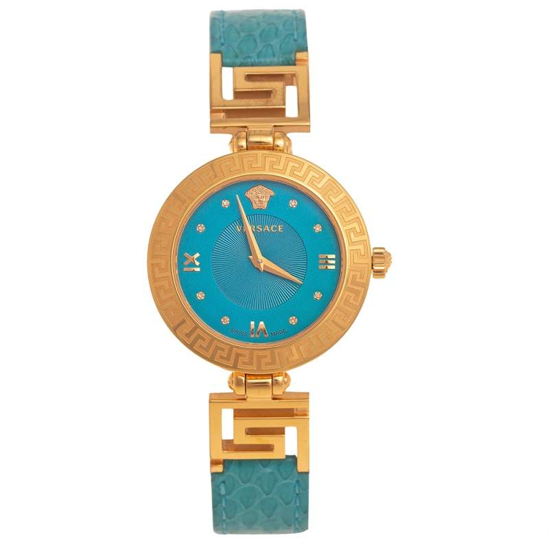Pre Owned Versace Blue Gold Plated Stainless Steel Leather V-Signature VLA Women's Wristwatch 35 mm