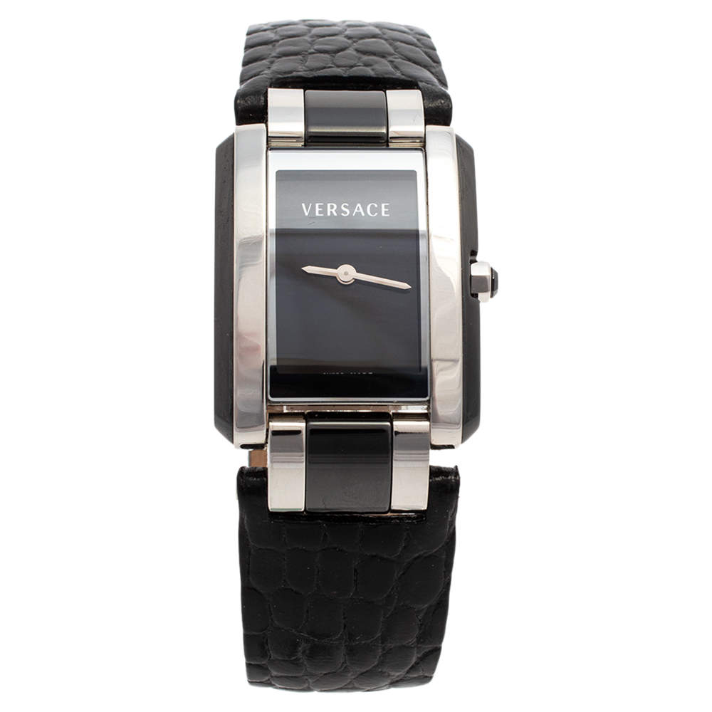 مملوكة مسبقًا Versace Black Stainless Steel & Ceramic Leather Era 70Q Women's Wristwatch 24 mm