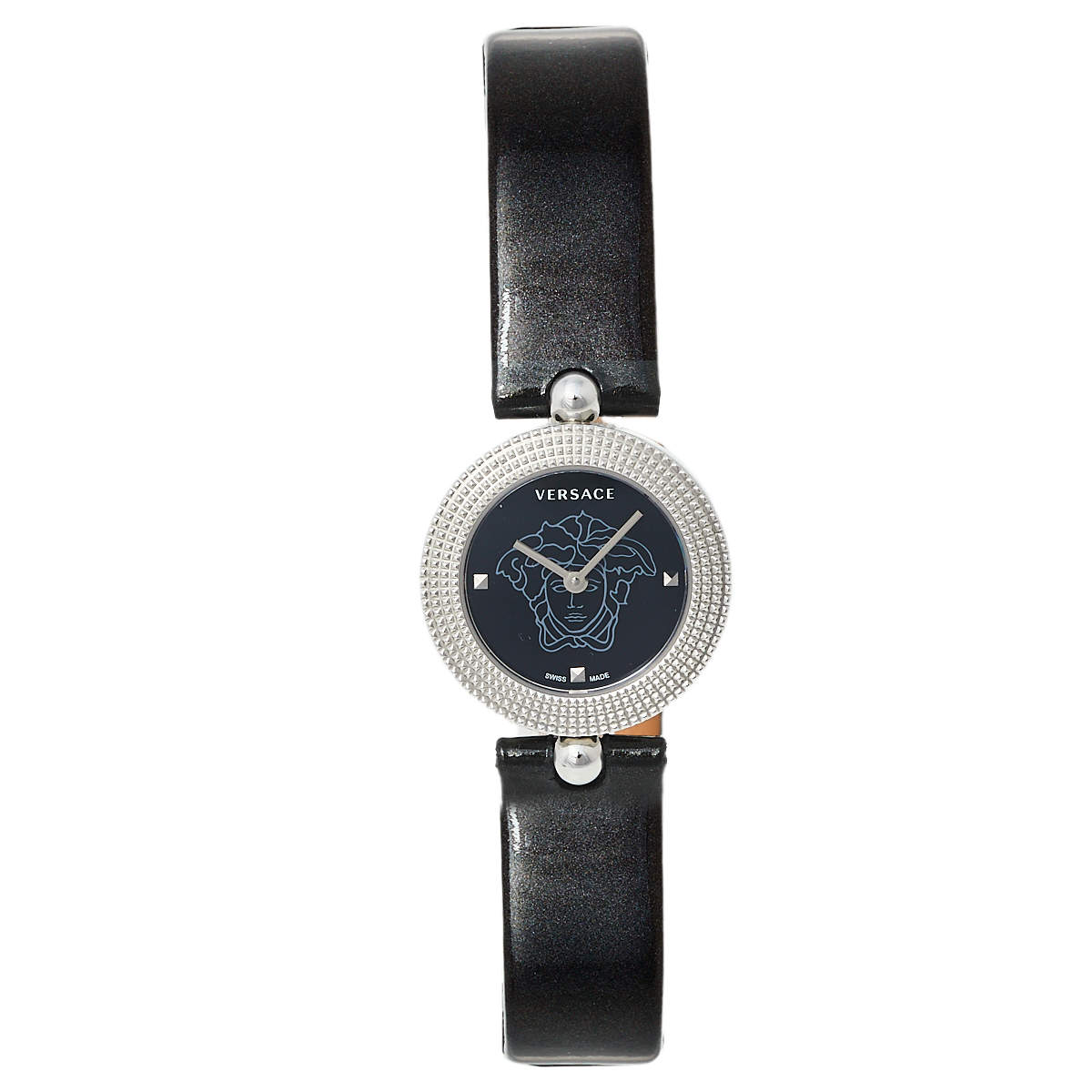 Pre Owned Versace Black Stainless Steel Patent Leather Eon Soiree 94Q Women's Wristwatch 27 mm