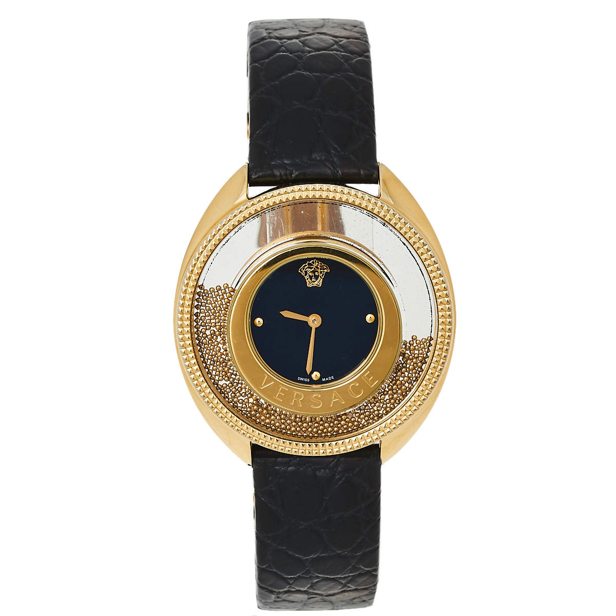 Pre Owned Versace Black Gold Plated Stainless Steel & Leather Destiny Spirit 86Q Women's Wristwatch 39 mm
