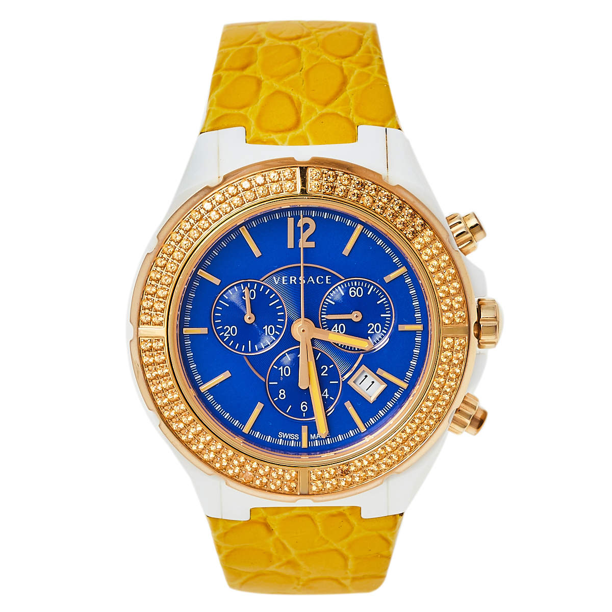 Versace Blue Ceramic & Gold Tone Stainless Steel Leather DV One 28C Women's Wristwatch 42 mm