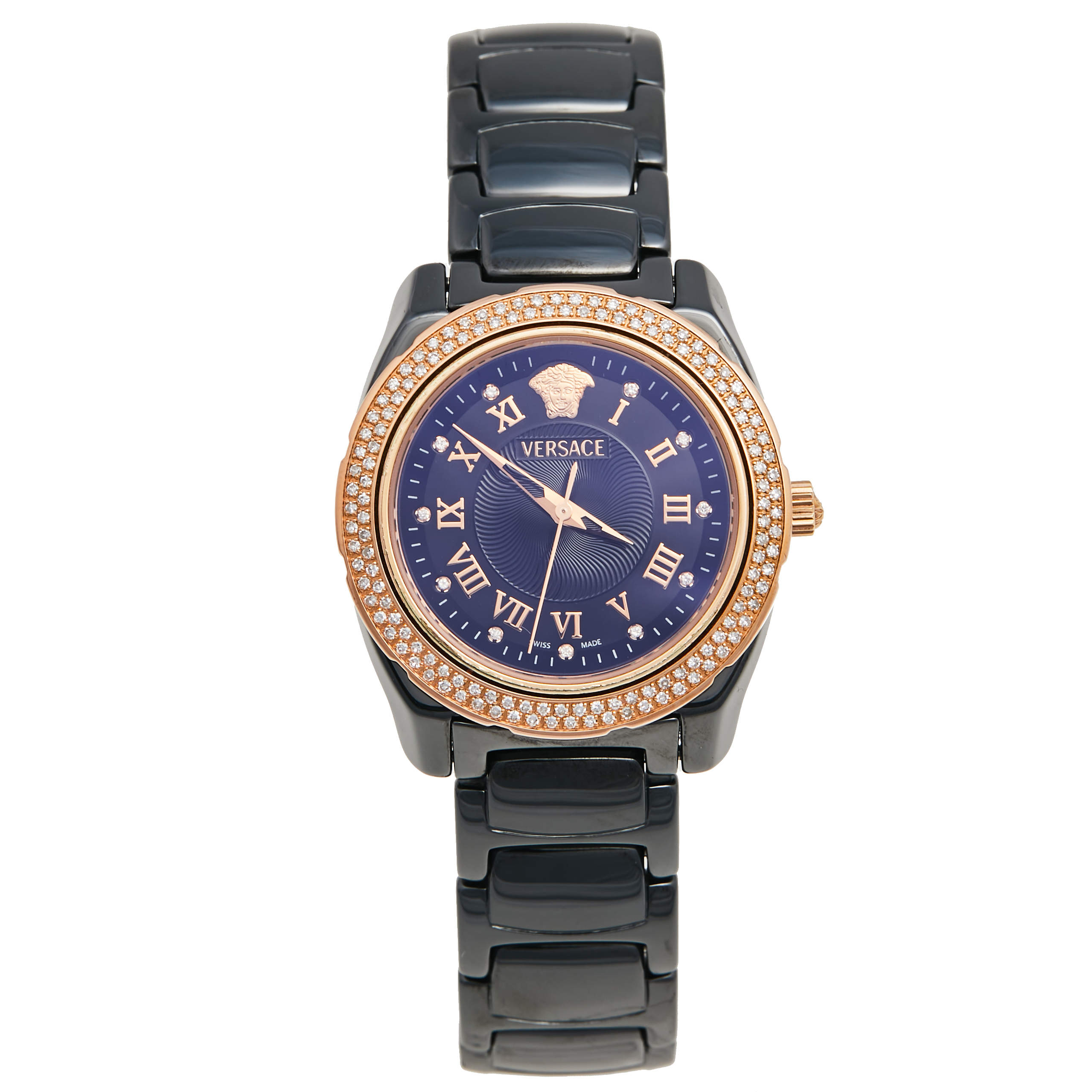 Pre Owned Versace Black Ceramic Rose Gold Stainless Steel Diamonds DV One Glamour 63Q Men's Wristwatch 34 mm