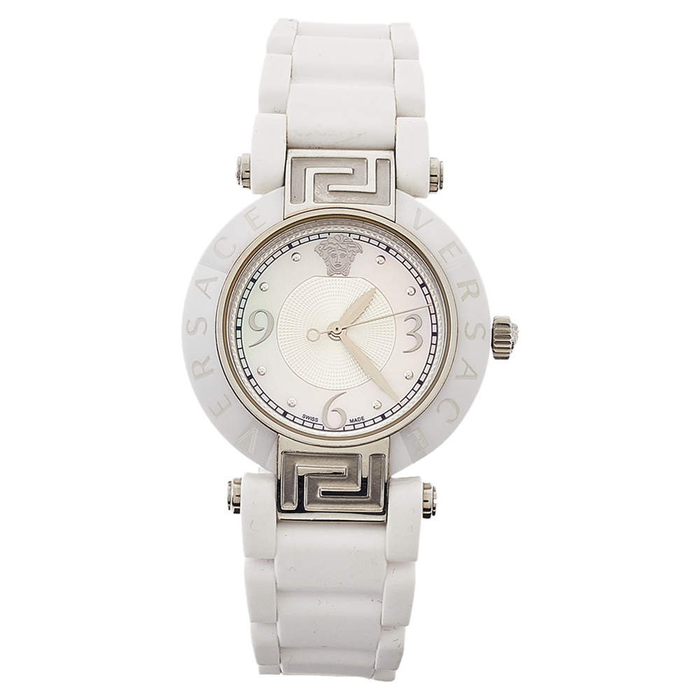Pre Owned Versace White Mother Of Pearl White Ceramic Stainless Steel Rubber Reve 92Q Women's Wristwatch 35 mm