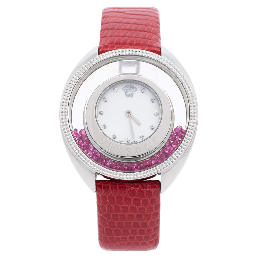 Pre Owned Versace Mother of Pearl Stainless Steel Leather Destiny Spirit 86Q Women's Wristwatch 40 mm