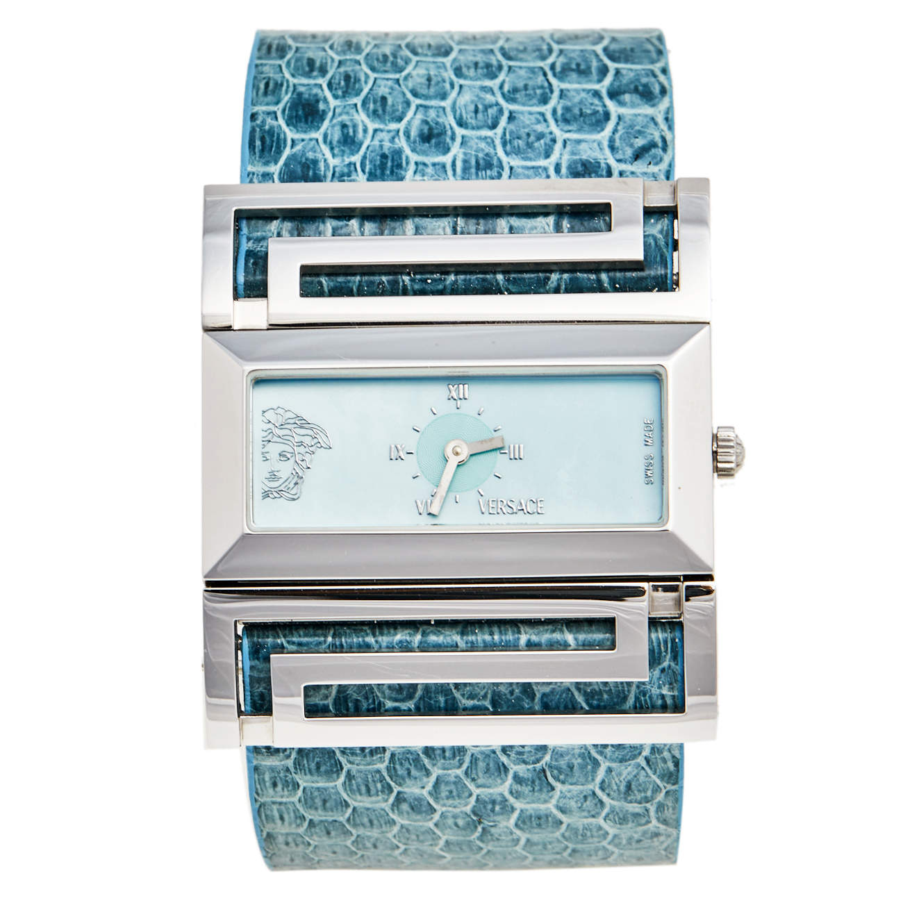Pre Owned Versace Blue Mother Of Pearl Stainless Steel Stainless Steel Snakeskin Leather Beauville VSQ99 Women's Wristwatch 38 mm