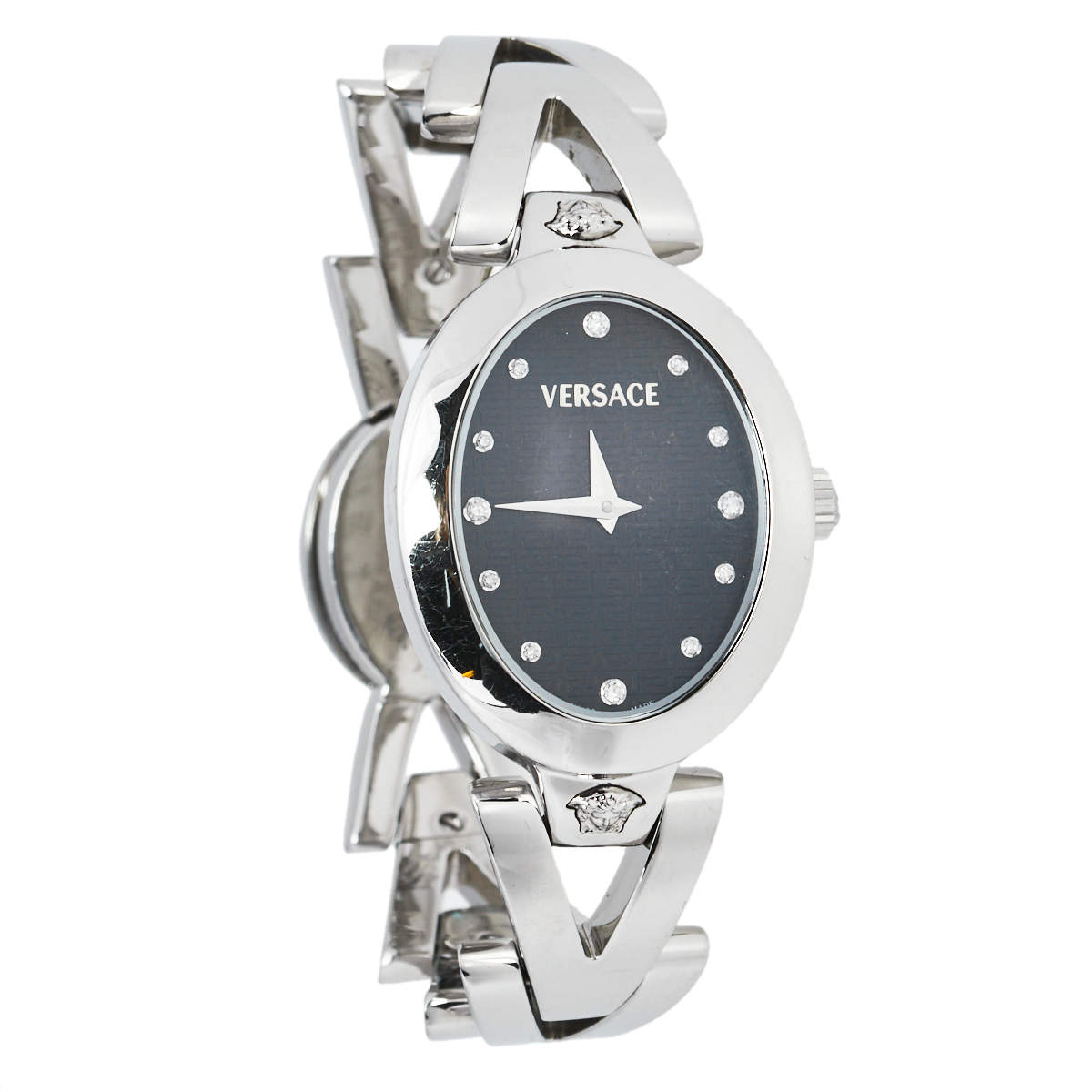 Pre Owned Versace Black Diamond Stainless Steel V-Glam 60Q99 Women's Wristwatch 25 mm