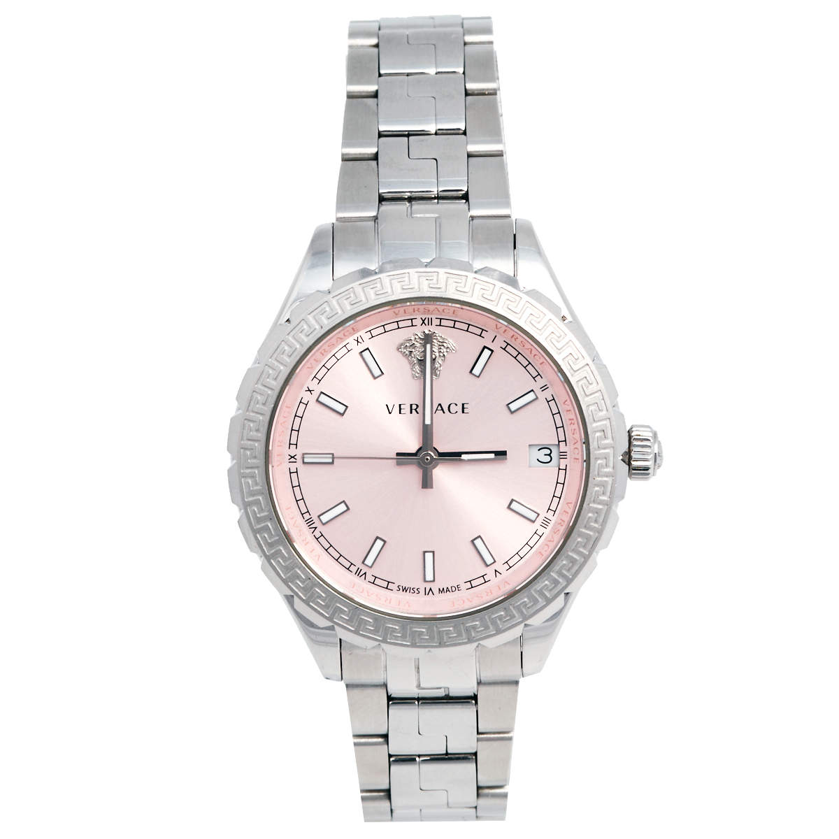 Pre Owned Versace Pink Stainless Steel Hellenyium V12010015 Women's Wristwatch 35 mm