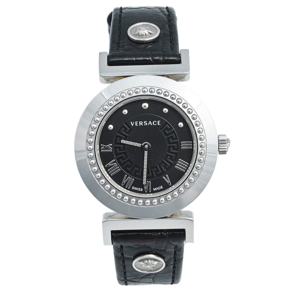 Pre Owned Versace Black Stainless Steel Leather Vanity P5Q Women's Wristwatch 35 mm