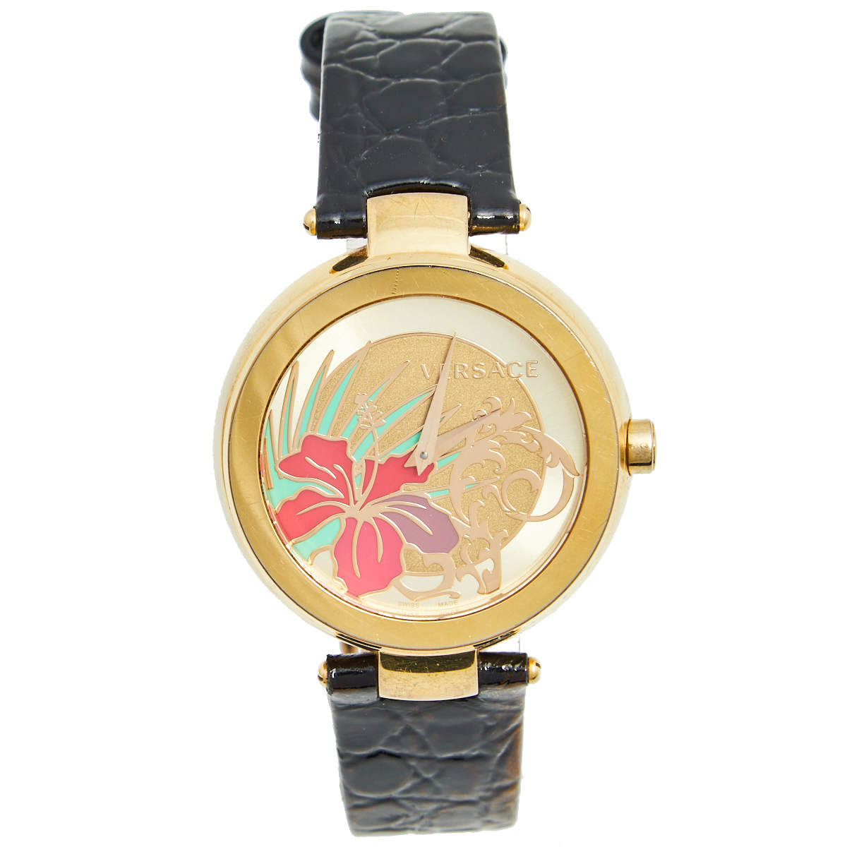 Pre Owned Versace Gold Plated Stainless Steel Leather Mystique Hibiscus I9Q80D2HIS009 Women's Wristwatch 38 mm