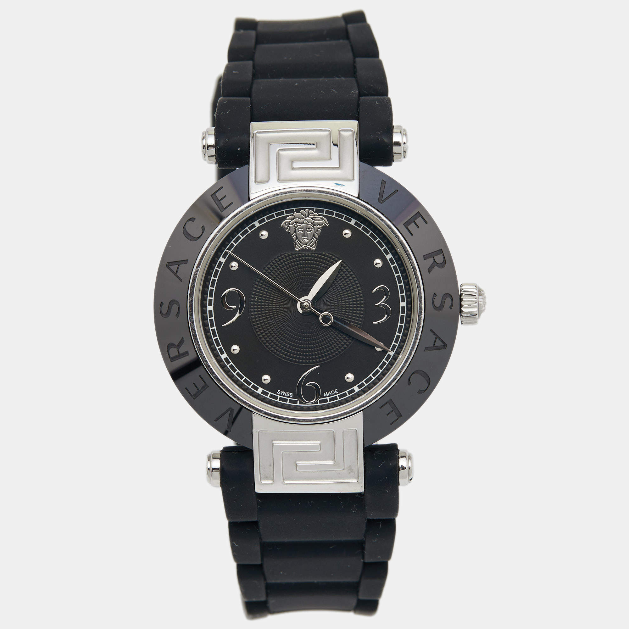 Pre Owned Versace Black Ceramic Stainless Steel Rubber Reve 92Q Women's Wristwatch 35 mm