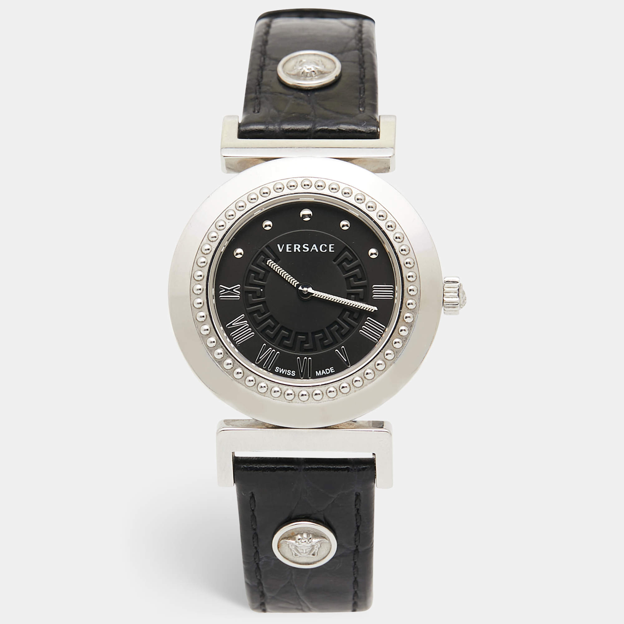 Pre Owned Versace Black Stainless Steel Leather Vanity P5Q Women's Wristwatch 35 mm