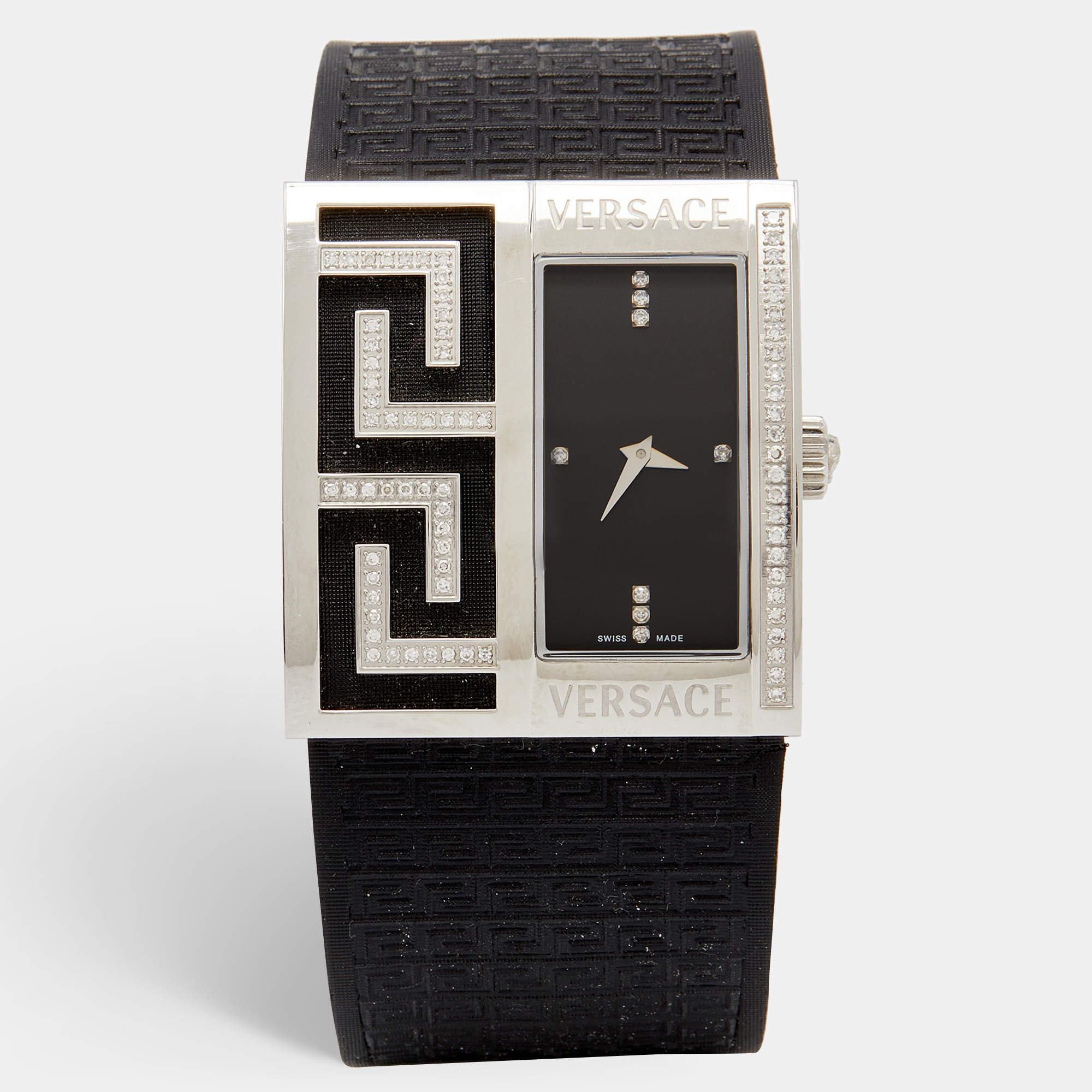 Pre Owned Versace Black Diamonds Stainless Steel Leather  V-Greca 64Q Women's Wristwatch 36 mm